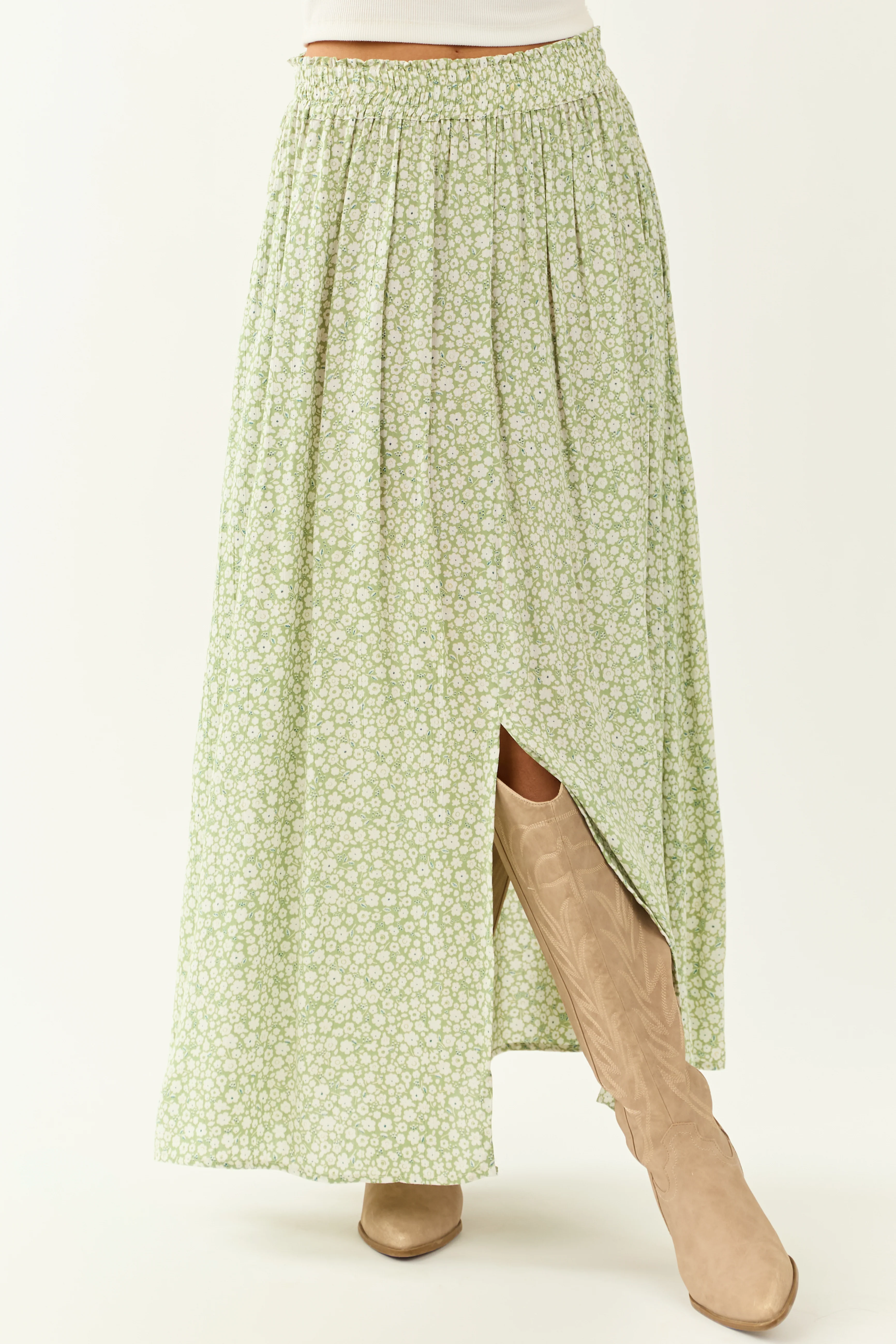 Pistachio Floral Print Smocked Maxi Skirt - Image 3