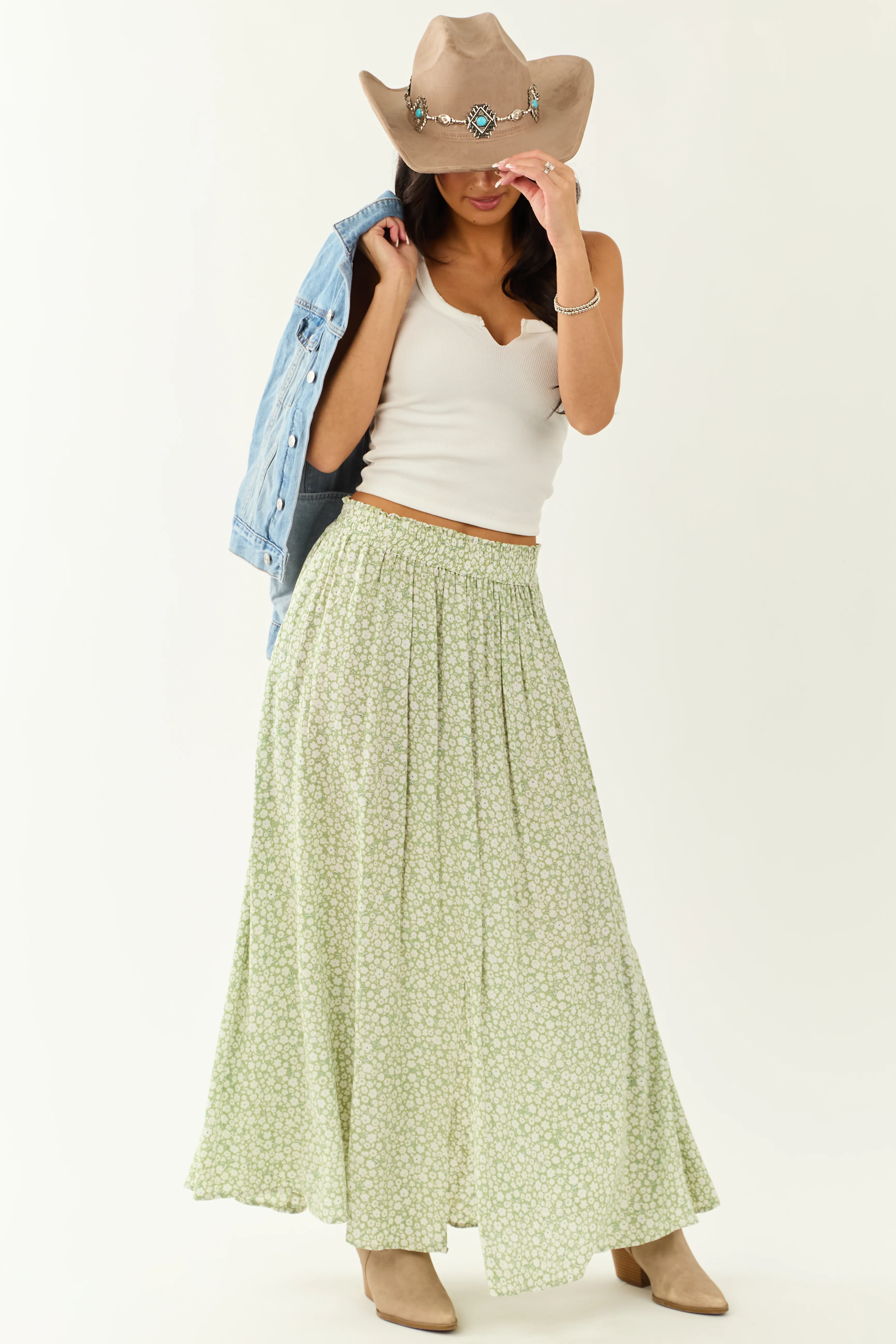 Pistachio Floral Print Smocked Maxi Skirt - Image 6