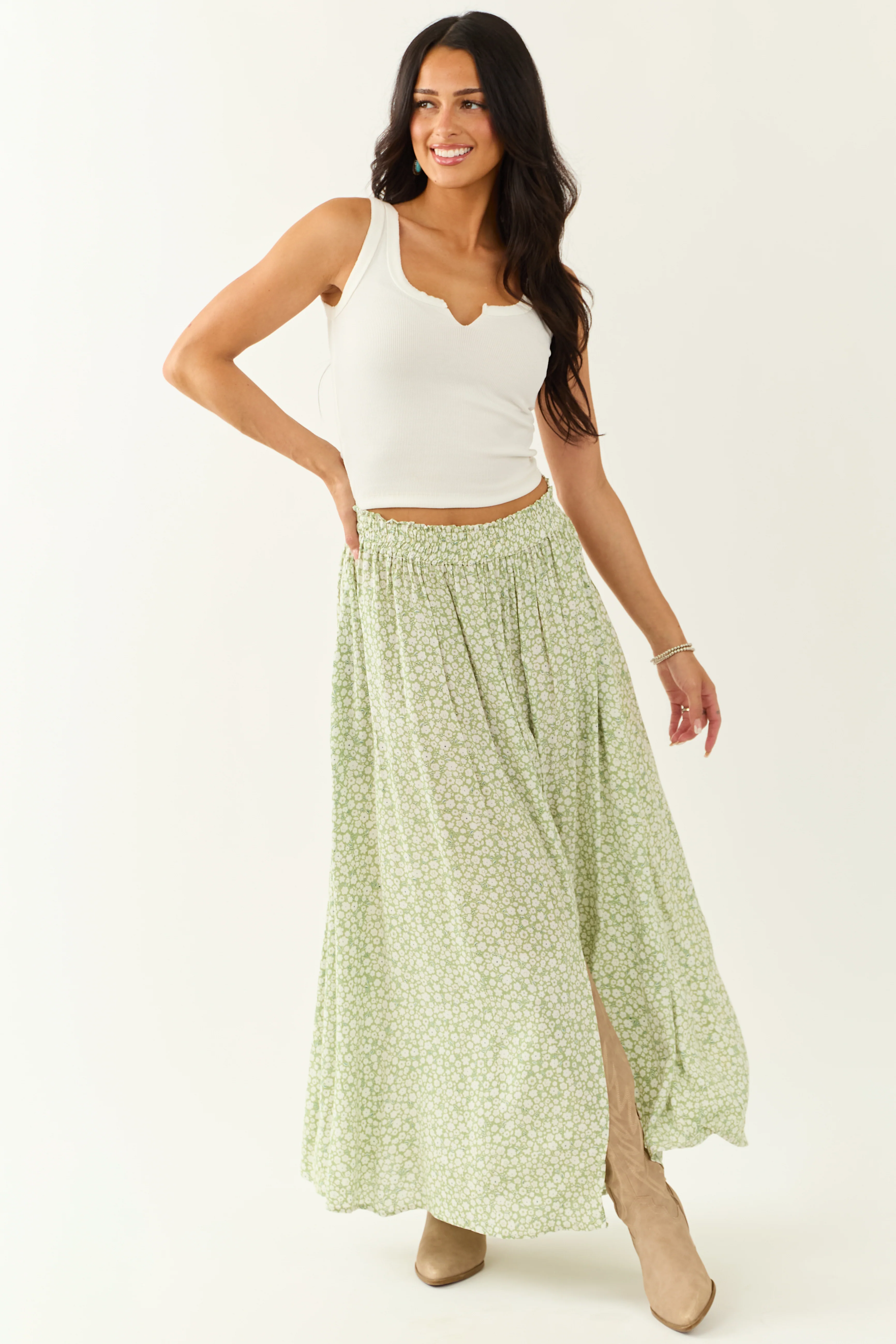 Pistachio Floral Print Smocked Maxi Skirt - Image 7