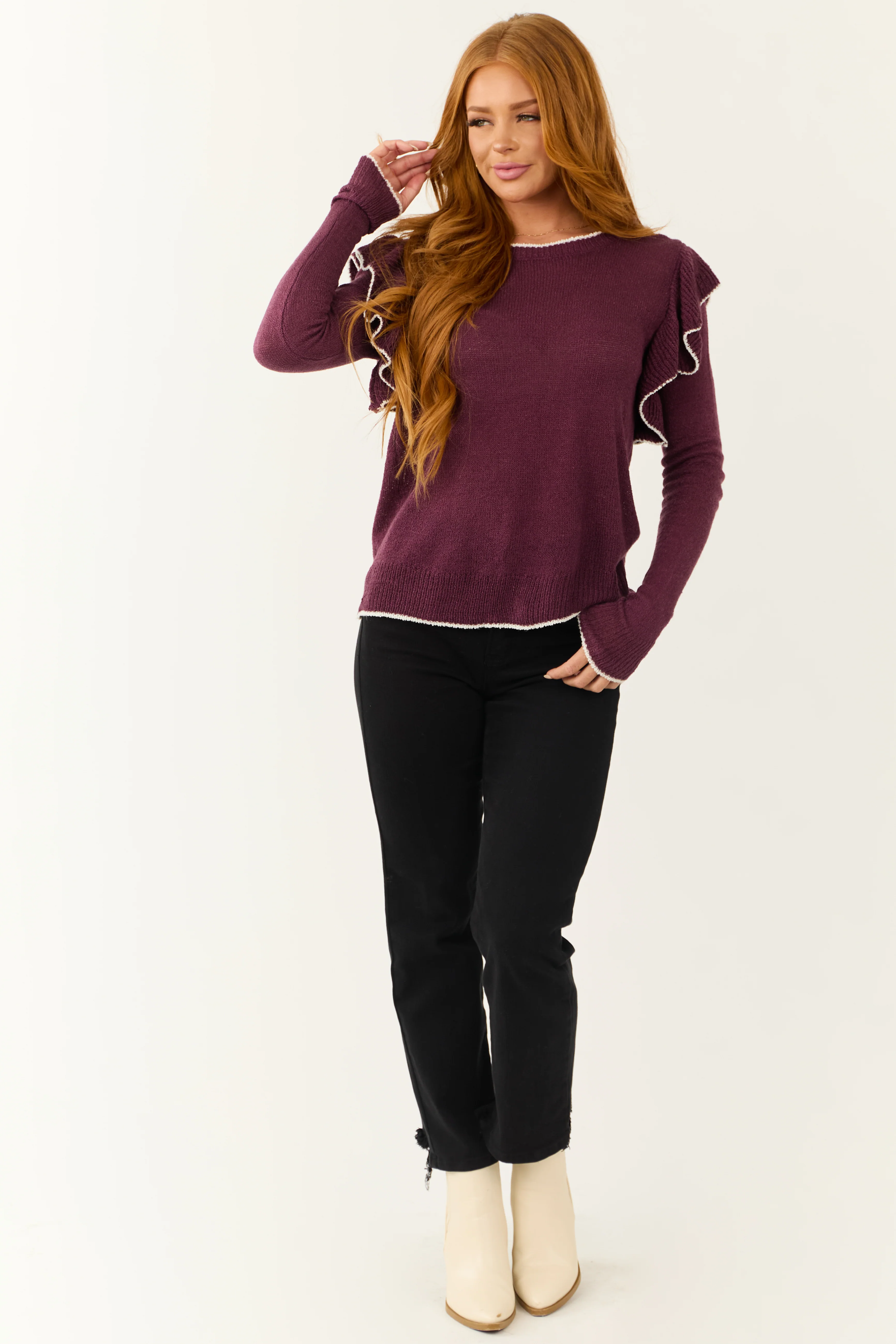 Plum Ruffle Long Sleeve Contrast Trim Top - Image 3