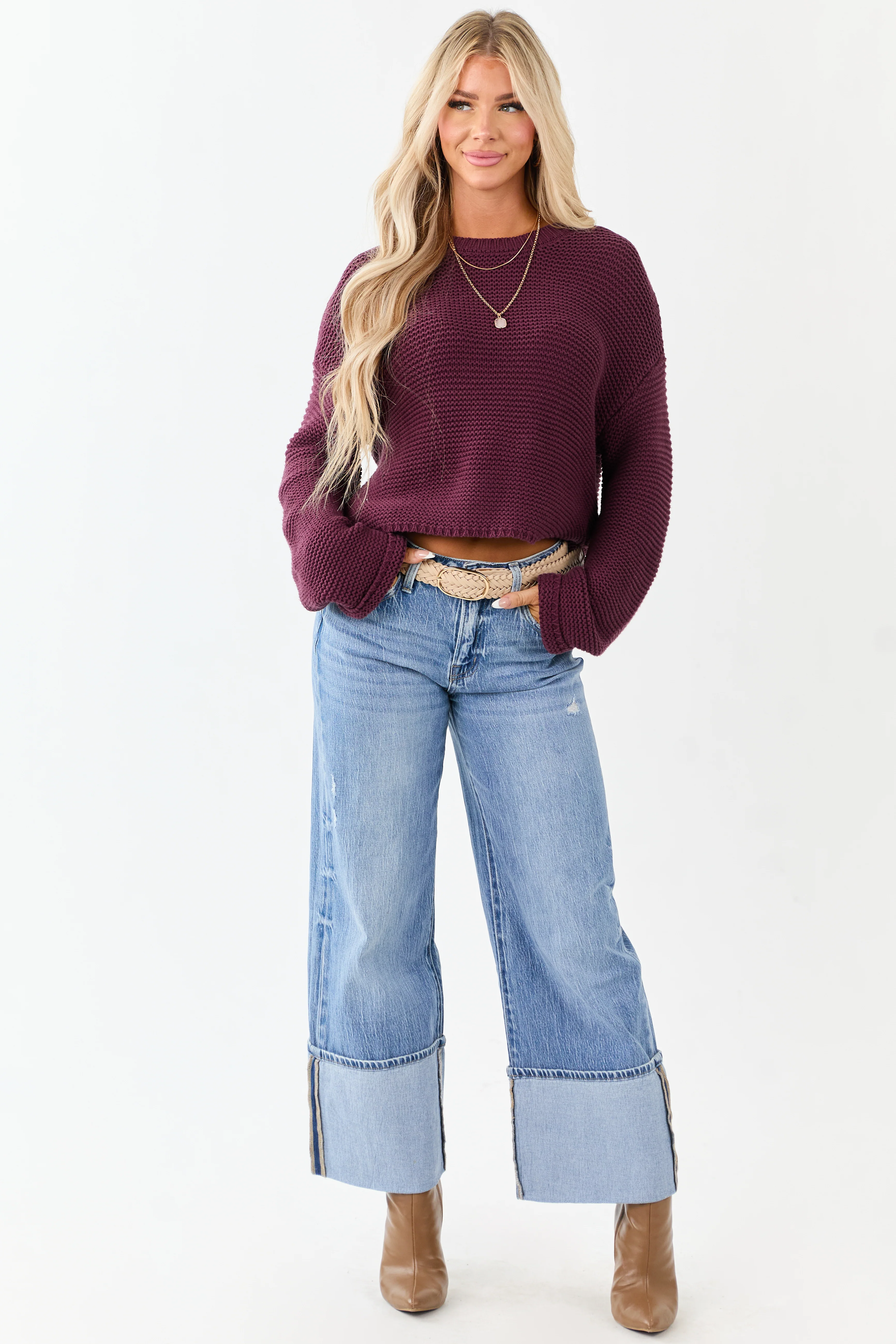 Plum Textured Knit Long Sleeve Crop Sweater - Image 2
