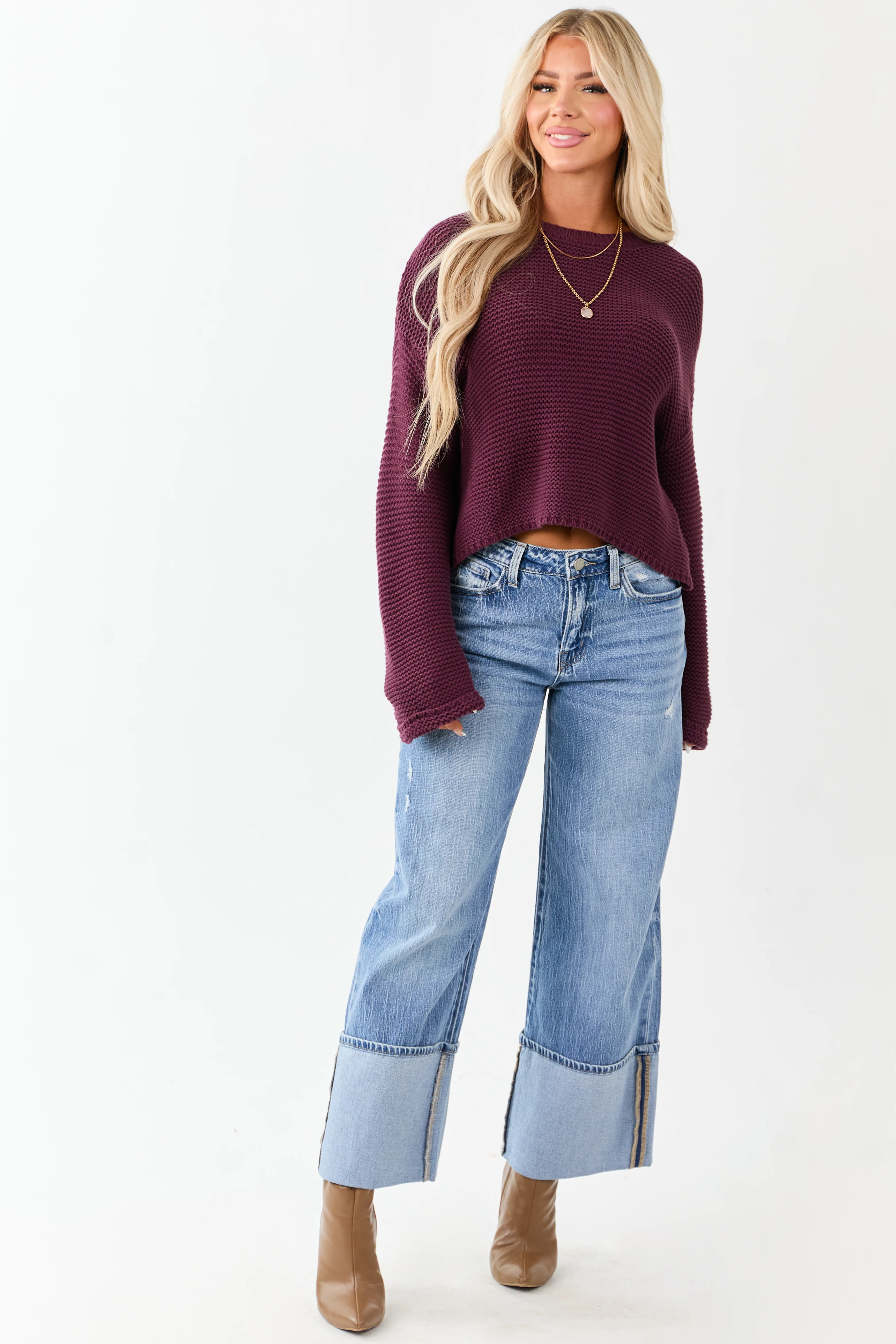 Plum Textured Knit Long Sleeve Crop Sweater - Image 3
