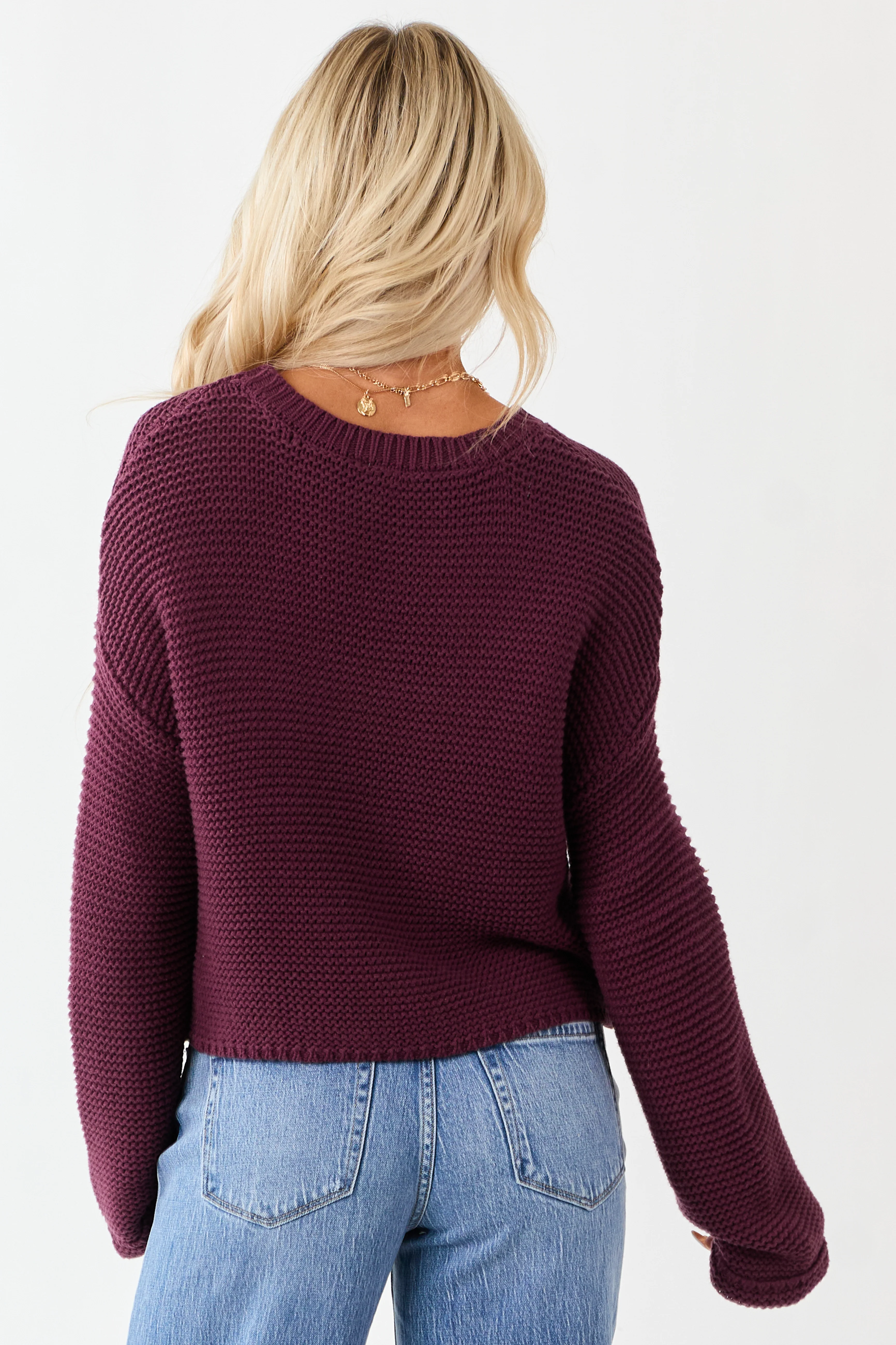 Plum Textured Knit Long Sleeve Crop Sweater - Image 5