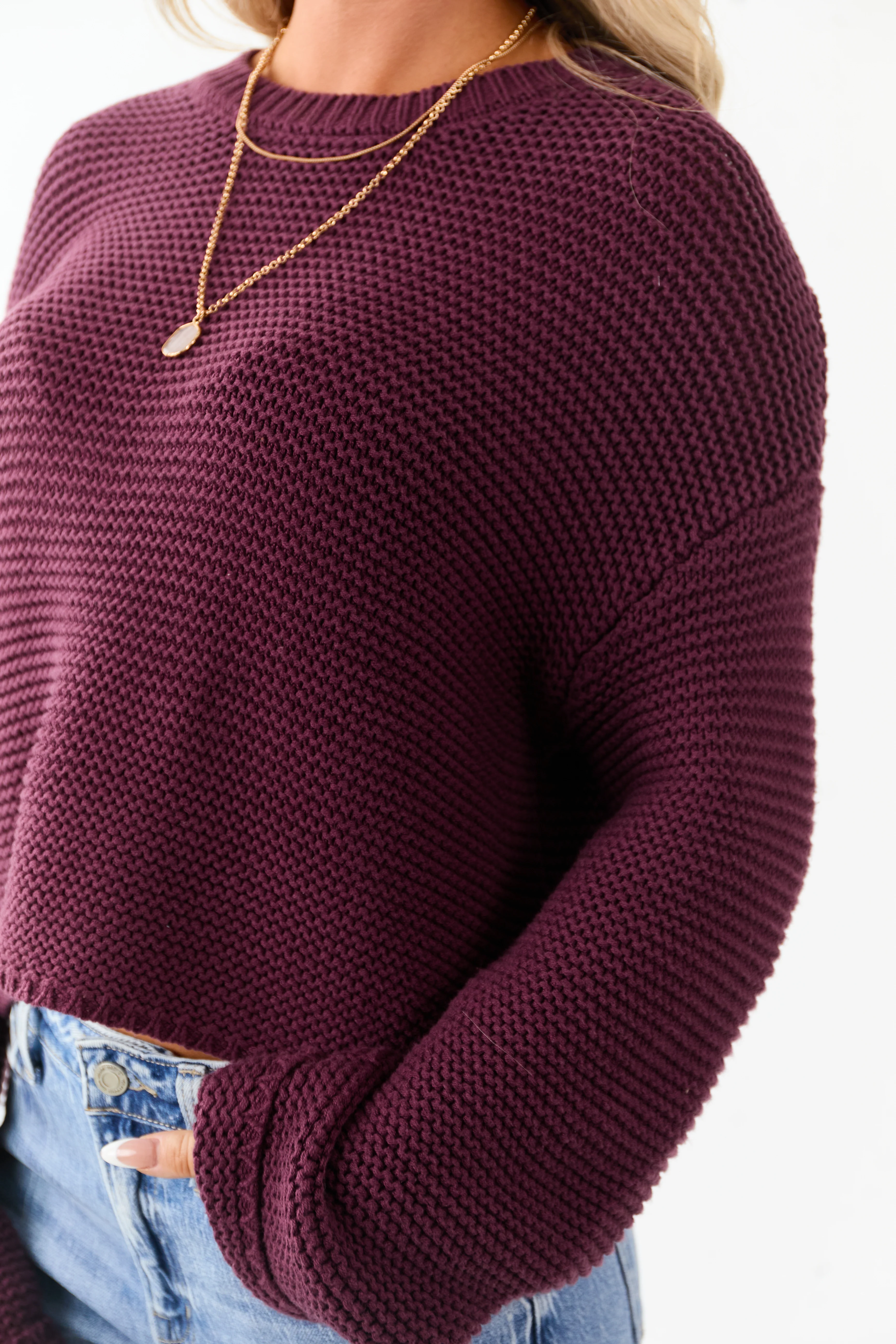 Plum Textured Knit Long Sleeve Crop Sweater - Image 6