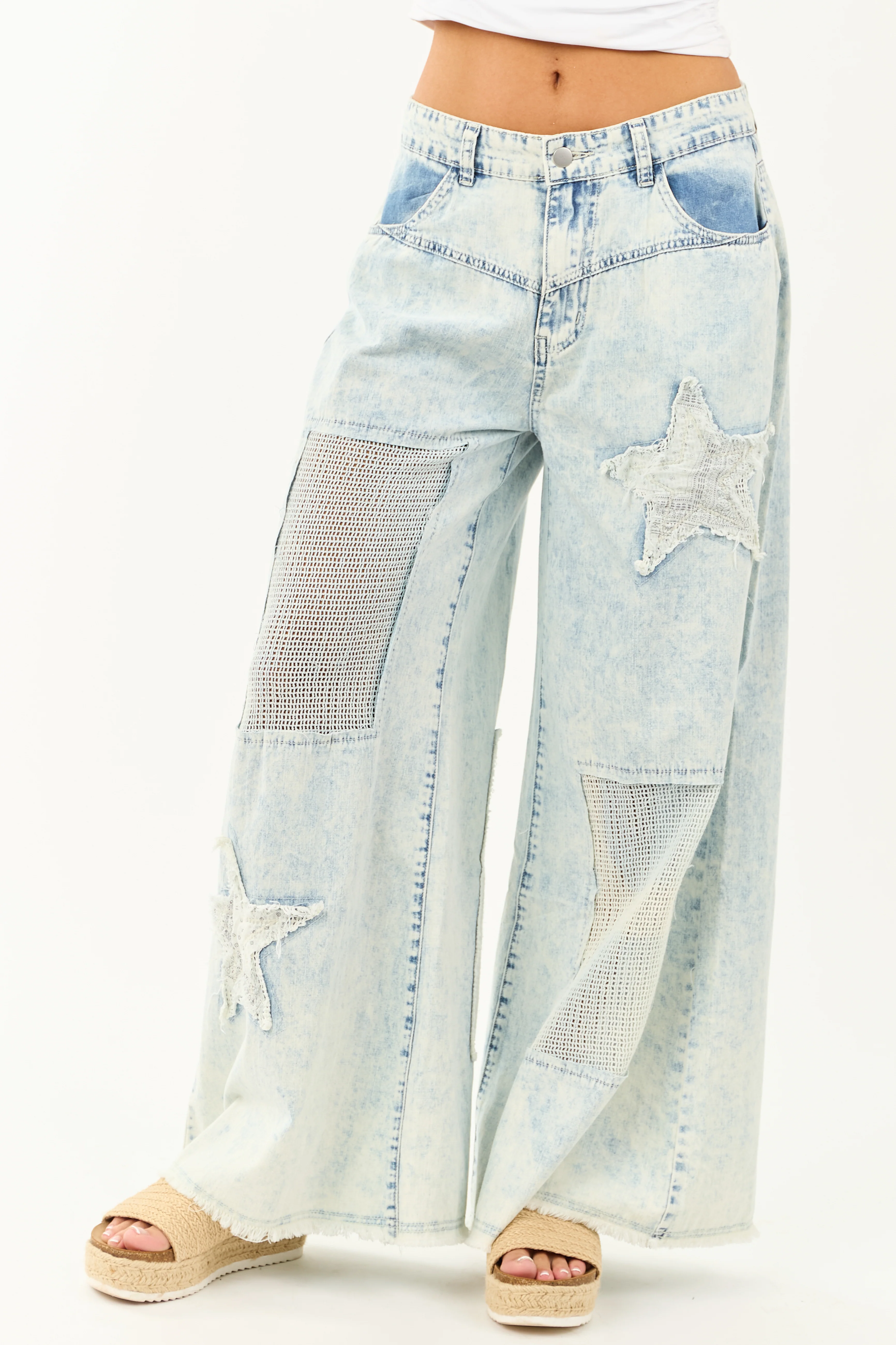 POL Acid Wash Patchwork Lightweight Denim Pants