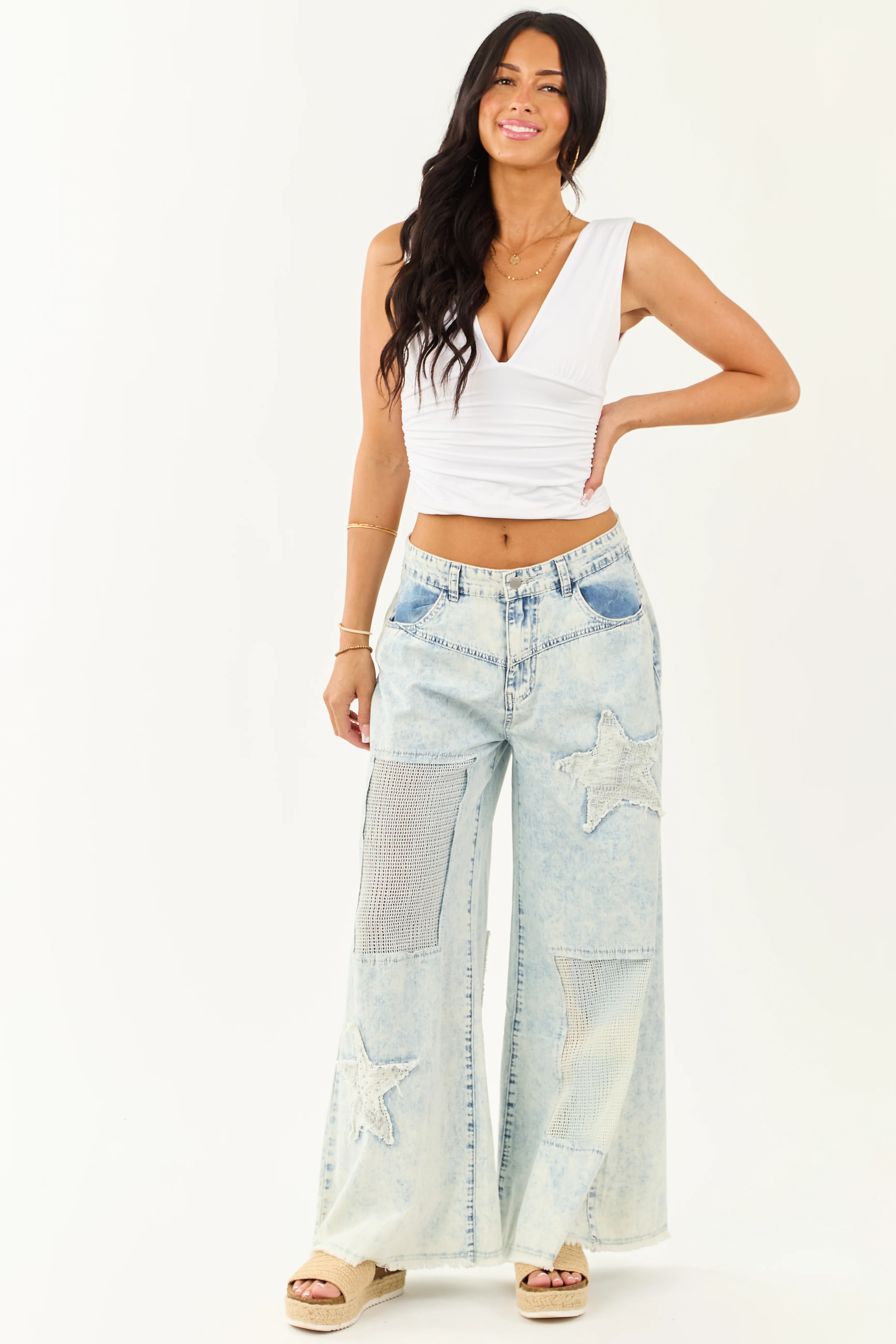 POL Acid Wash Patchwork Lightweight Denim Pants - Image 6