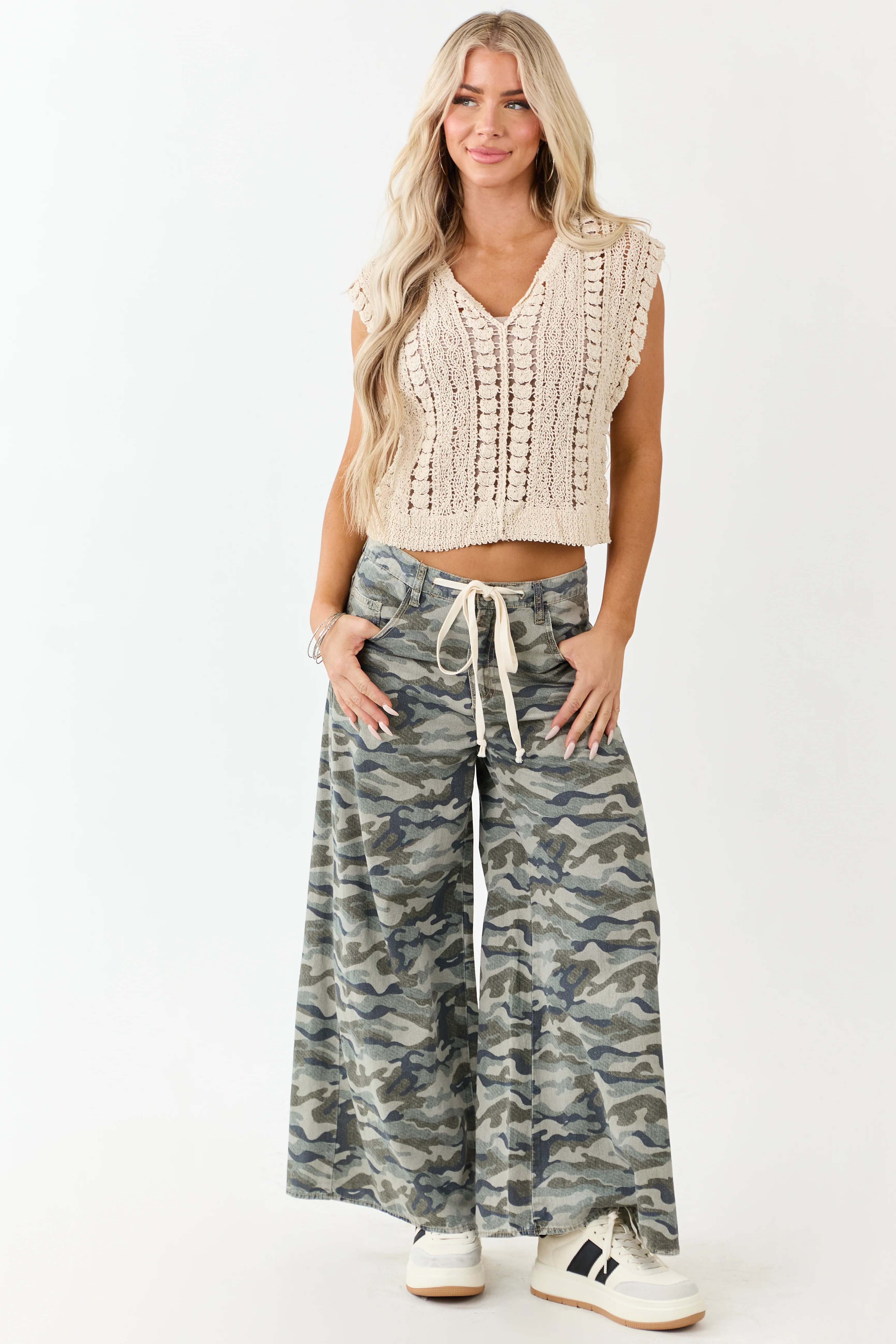 POL Almond Open Crochet Knit Cap Sleeve Top - Image 2