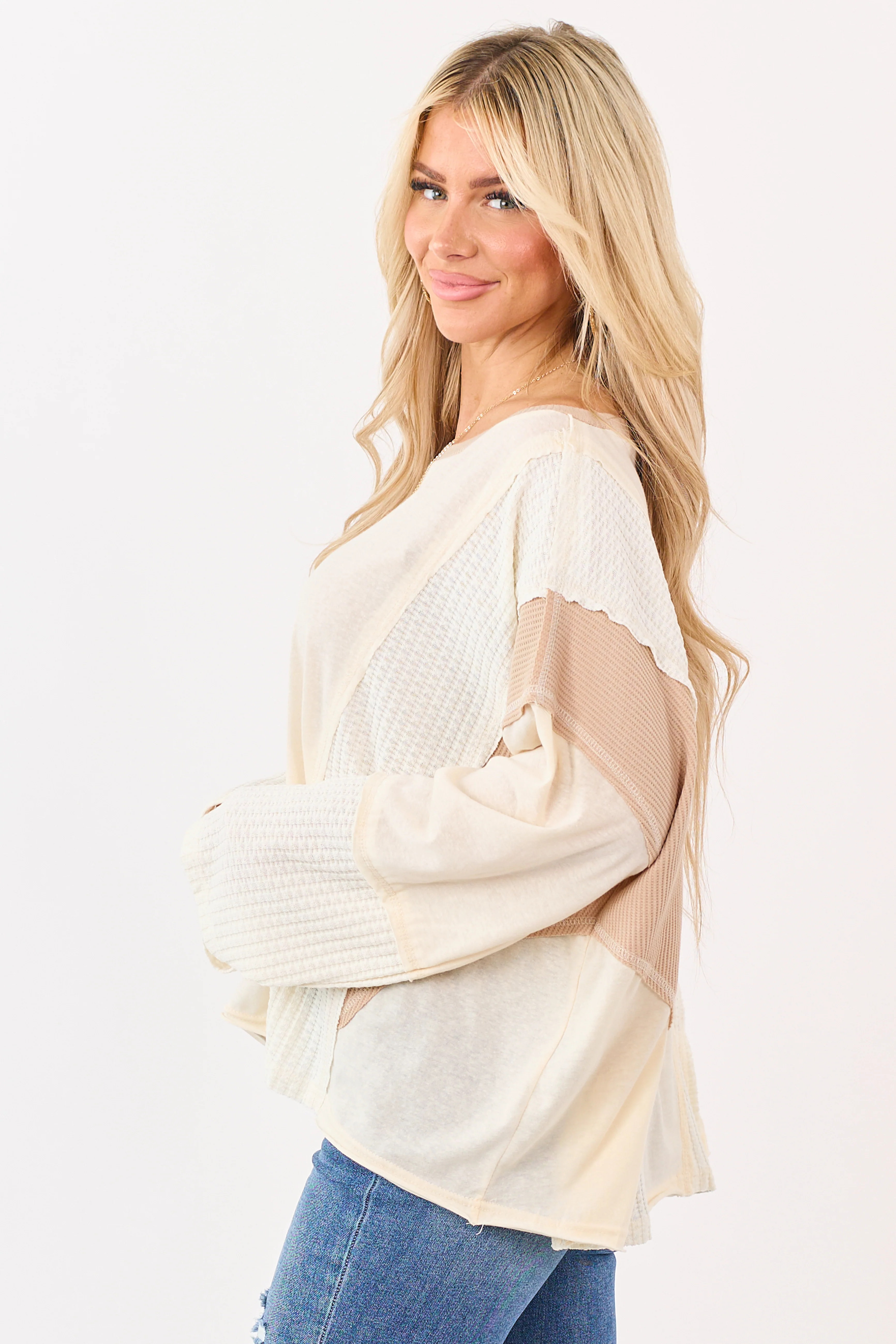 POL Cream Contrast Patchwork Long Sleeve Top - Image 5