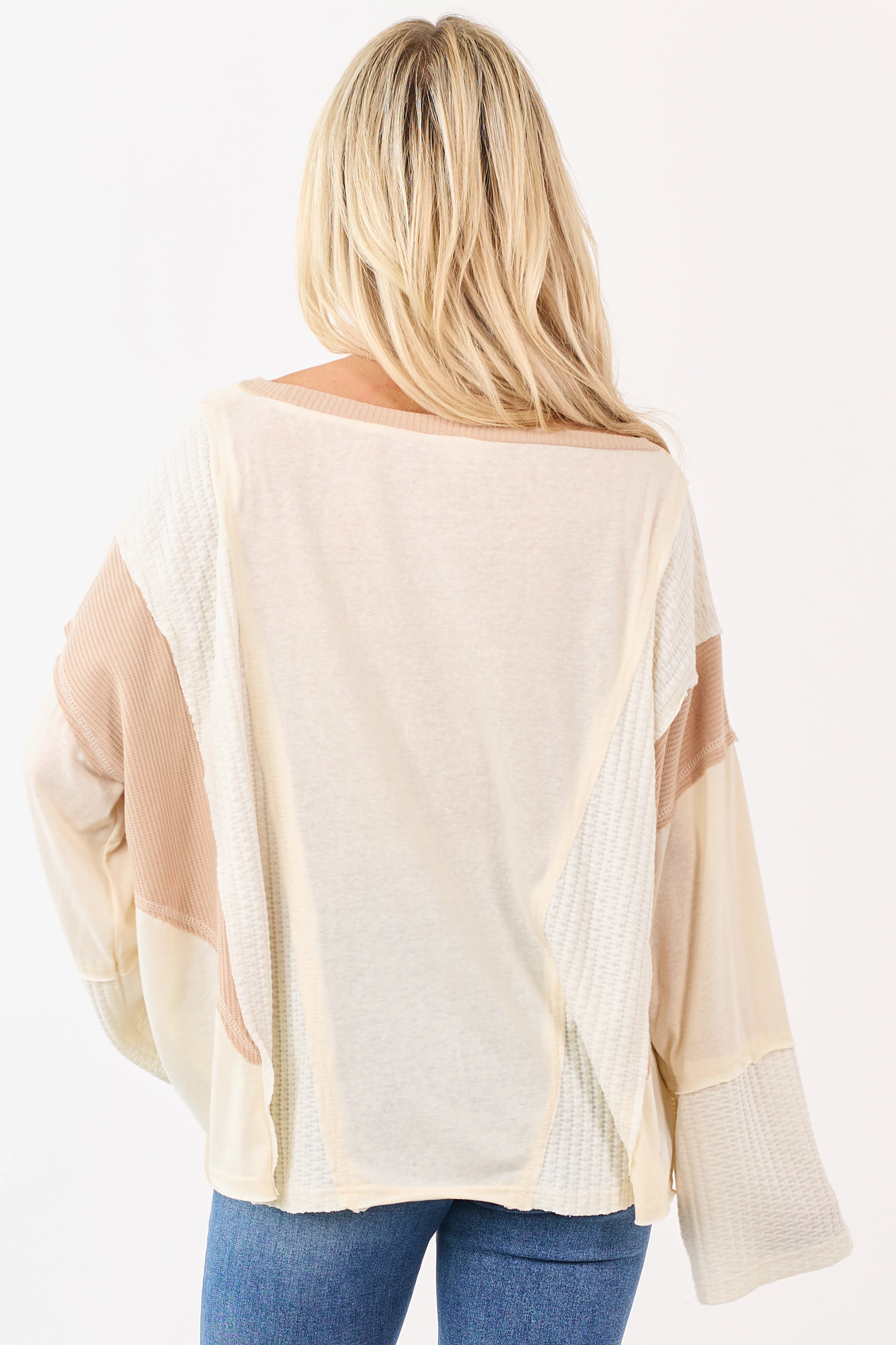 POL Cream Contrast Patchwork Long Sleeve Top - Image 6