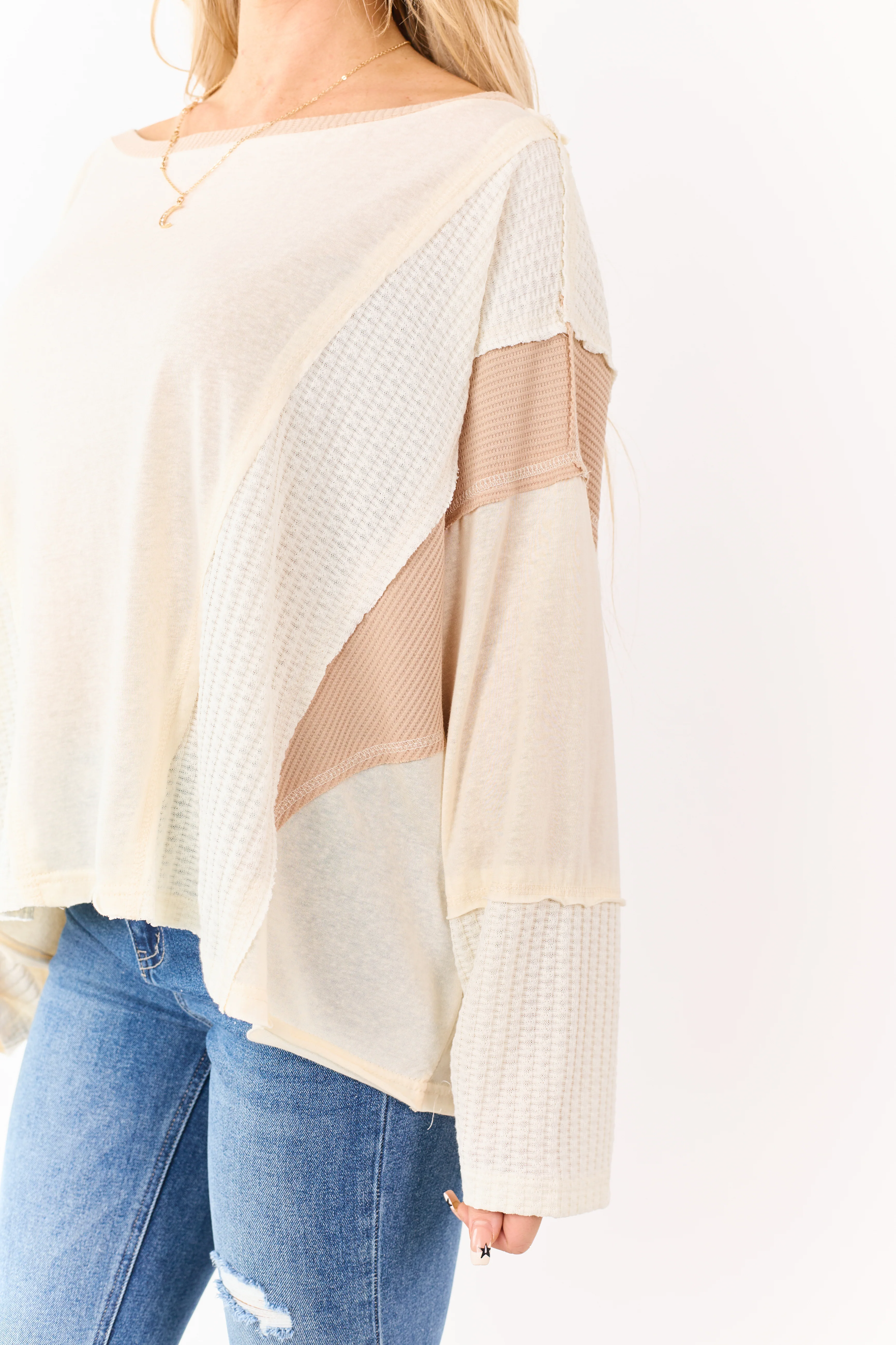 POL Cream Contrast Patchwork Long Sleeve Top - Image 7