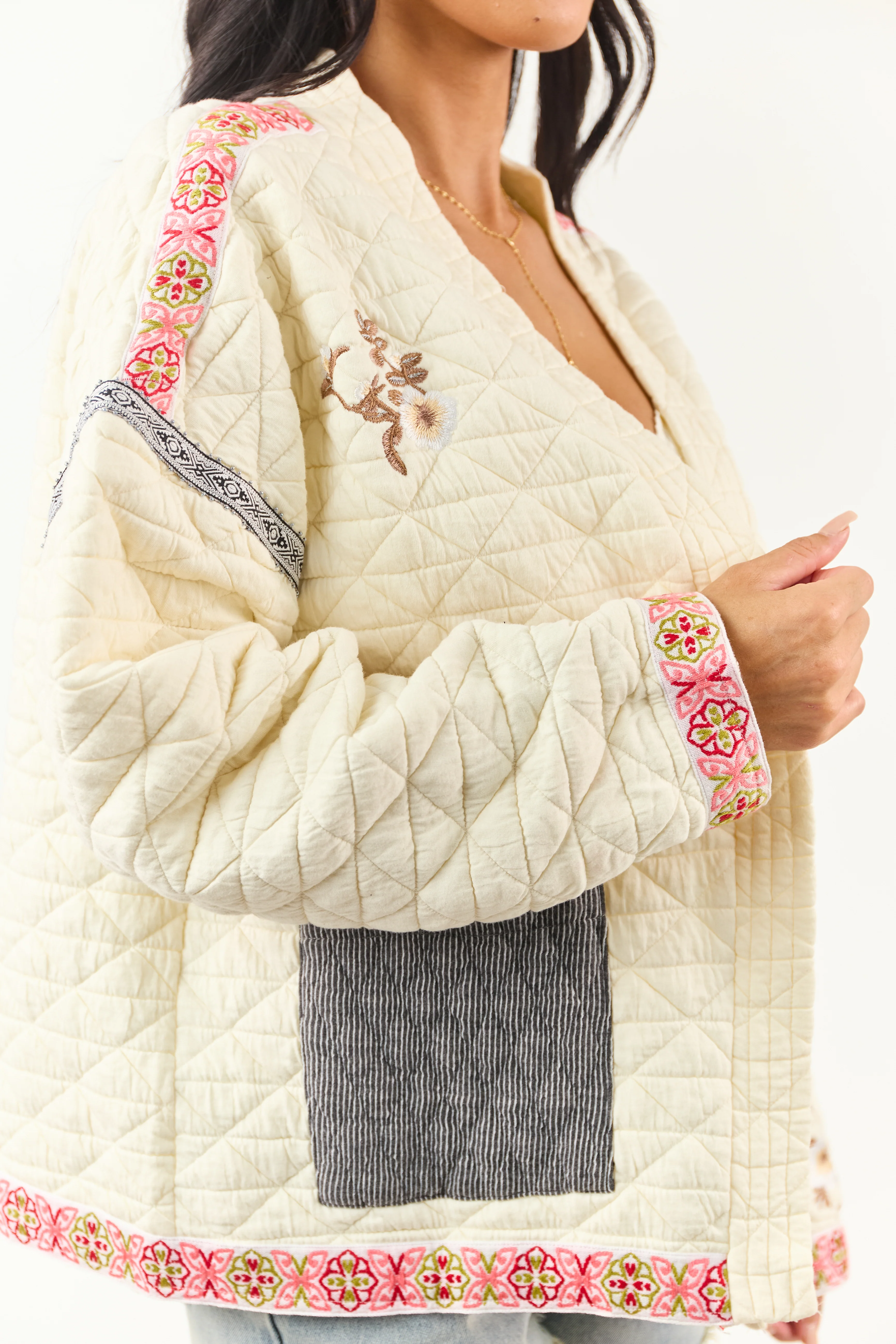 POL Cream Floral Embroidered Open Front Jacket - Image 2