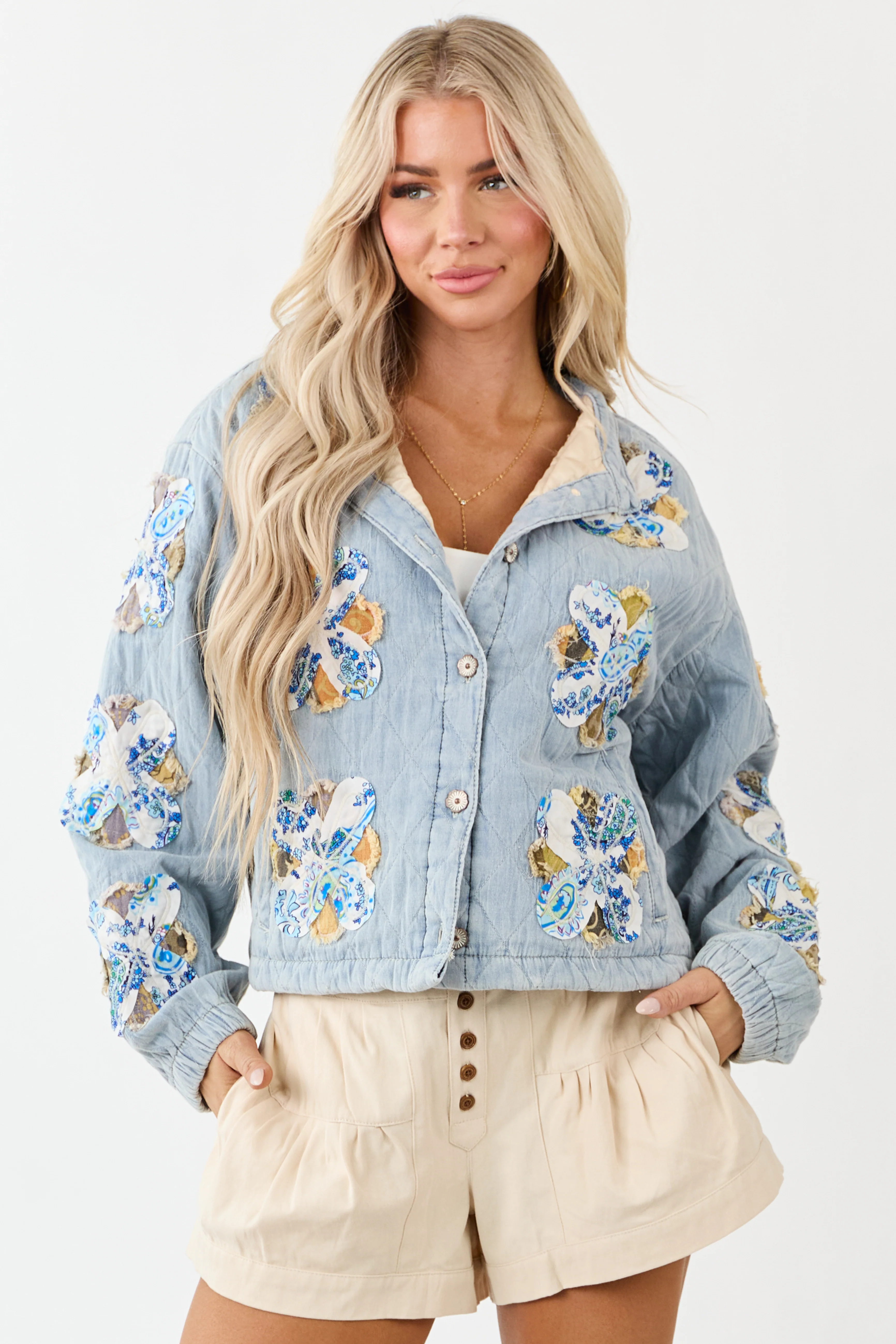 POL Floral Patch Denim Button Up Quilted Jacket - Image 5