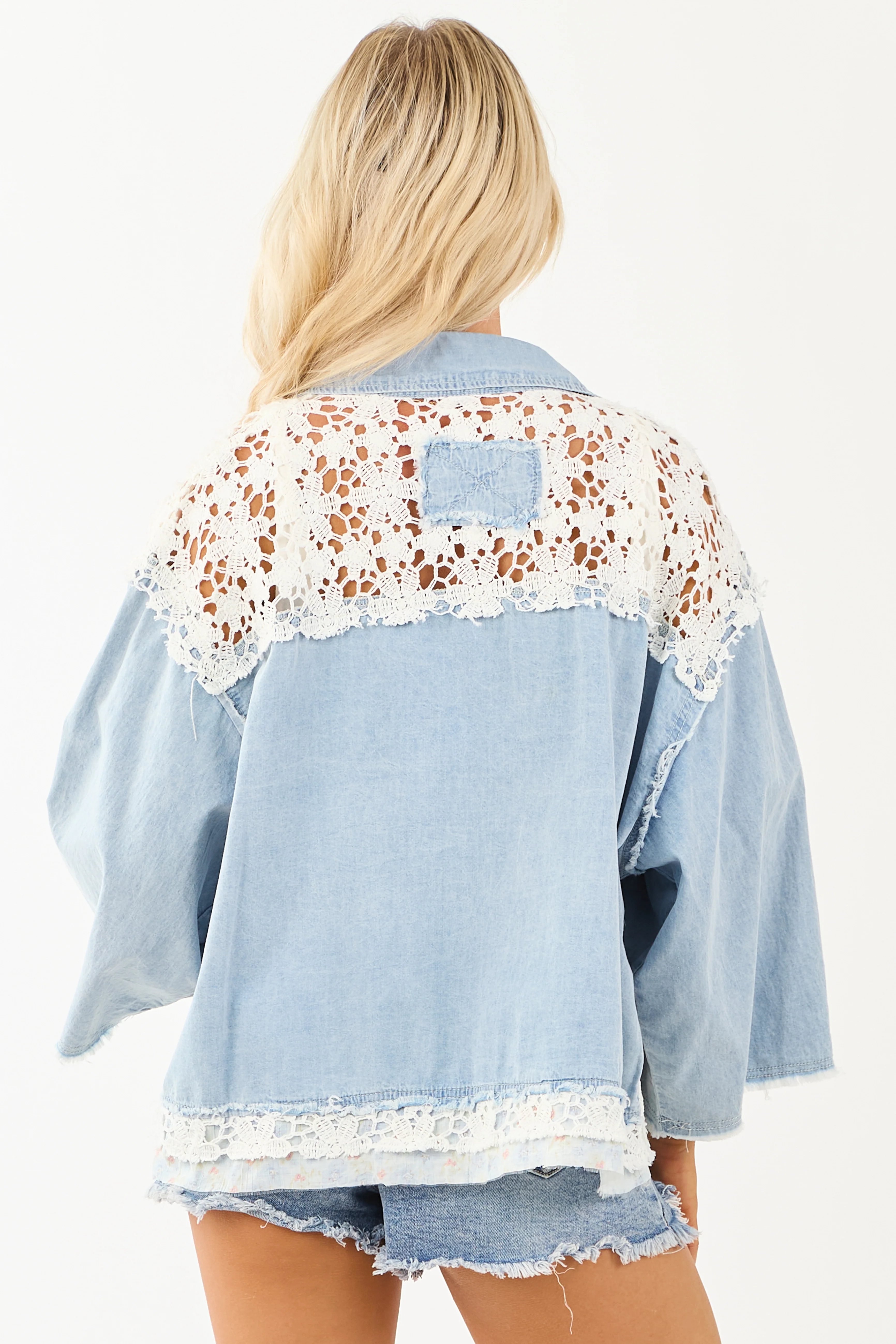 POL Light Wash Chambray Patchwork Button Up Shacket - Image 5