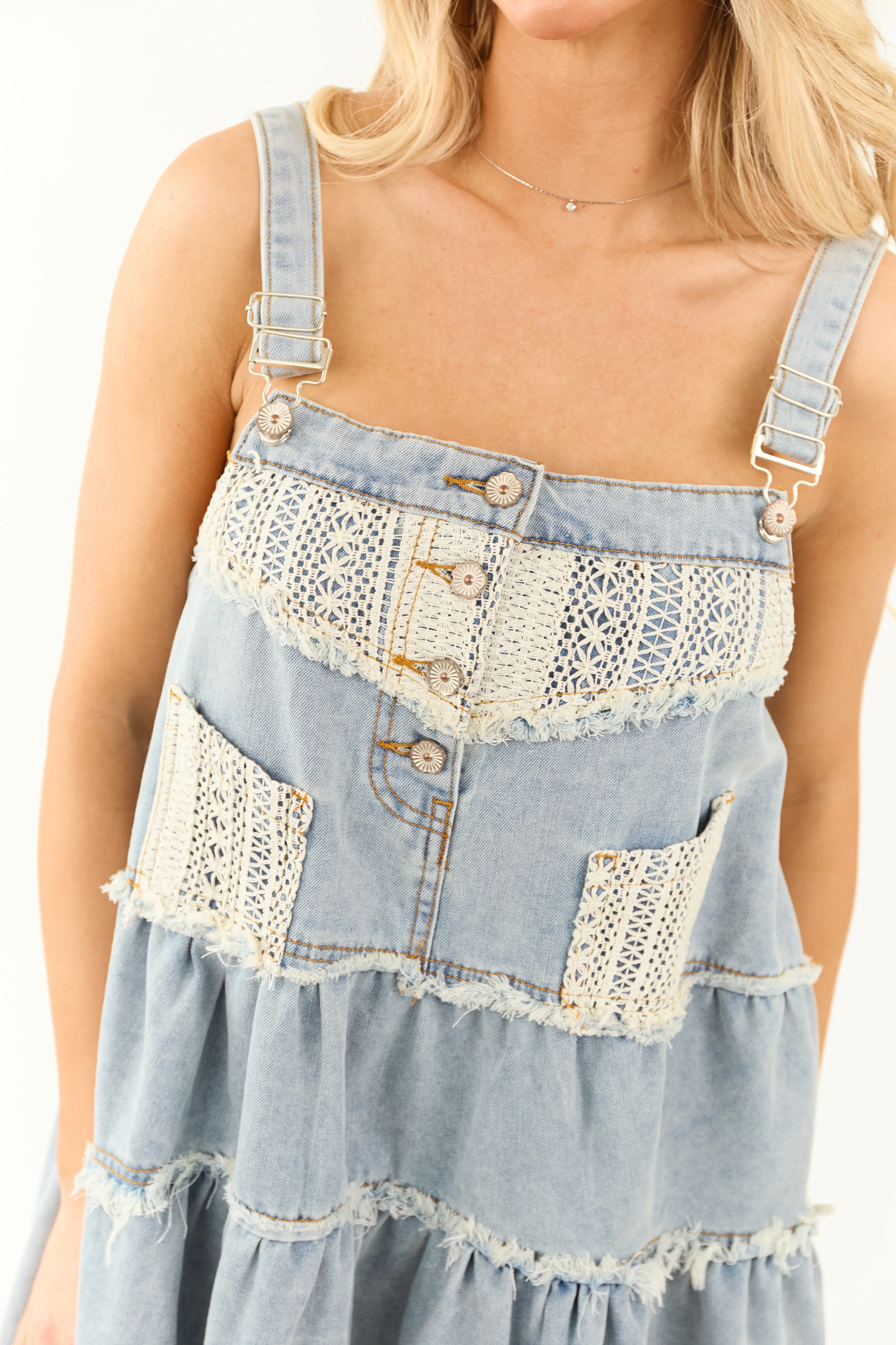 POL Light Wash Denim Button Suspender Mini Dress - Image 2