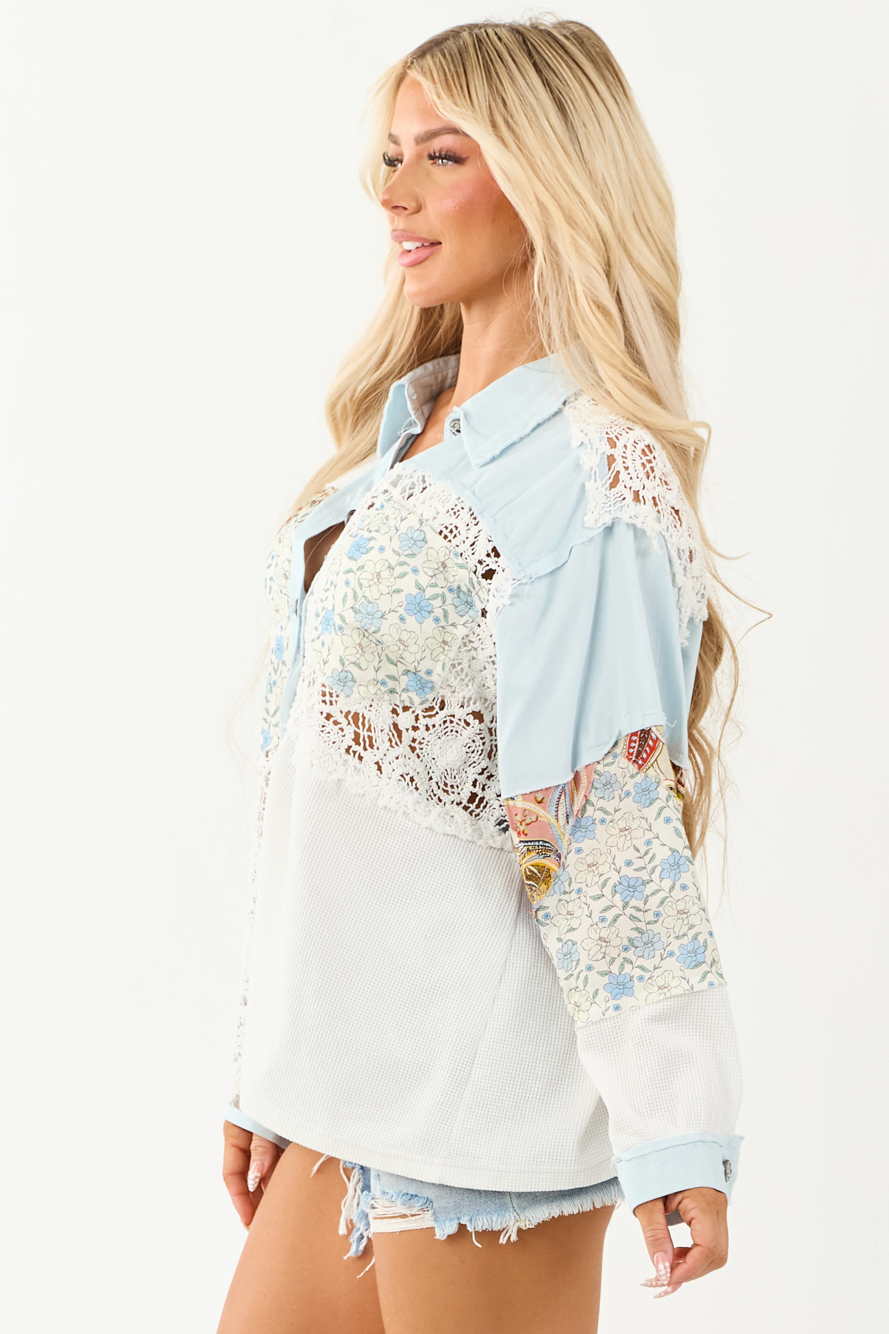 POL Light Wash Denim Patchwork Button Down Top - Image 6