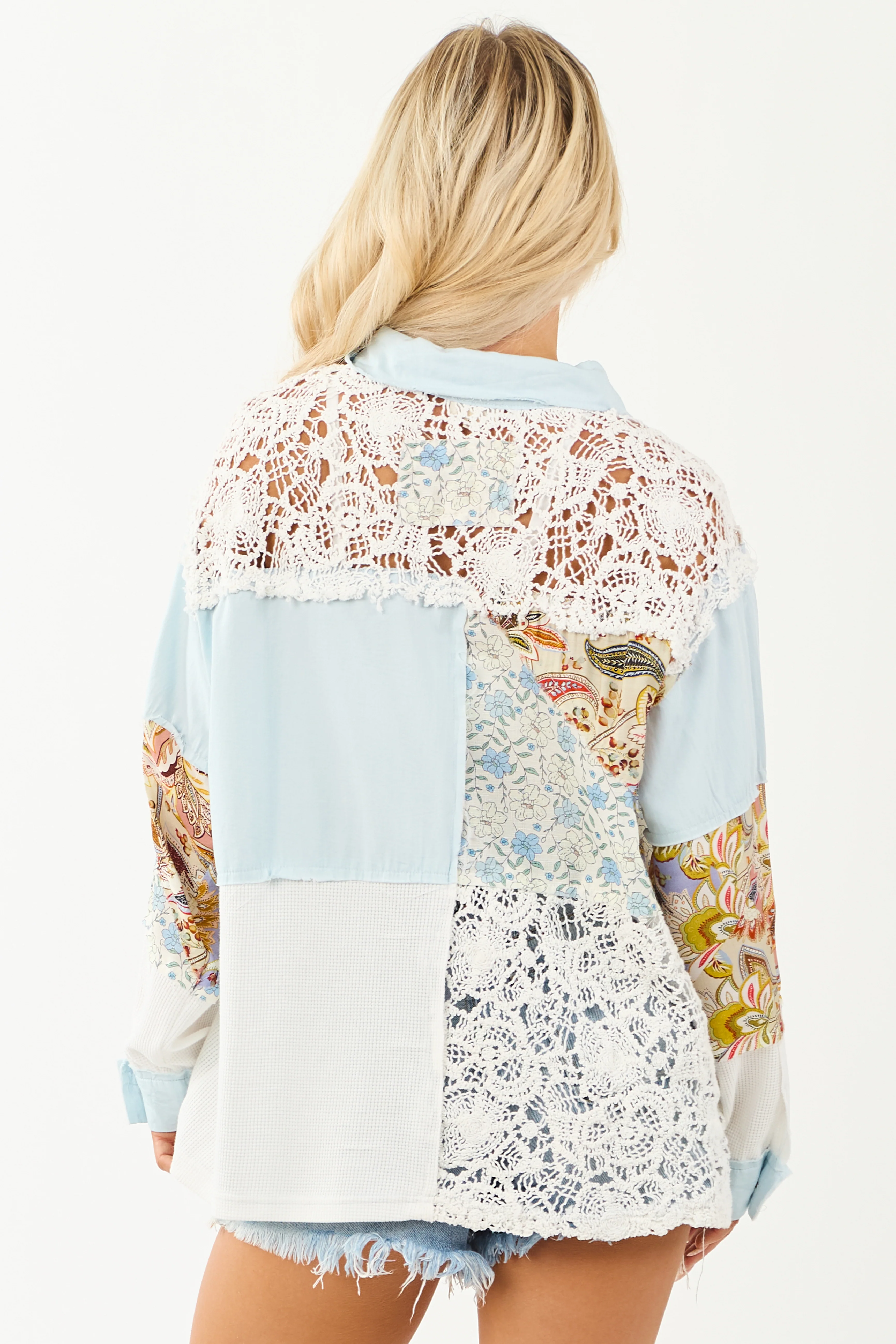 POL Light Wash Denim Patchwork Button Down Top - Image 7