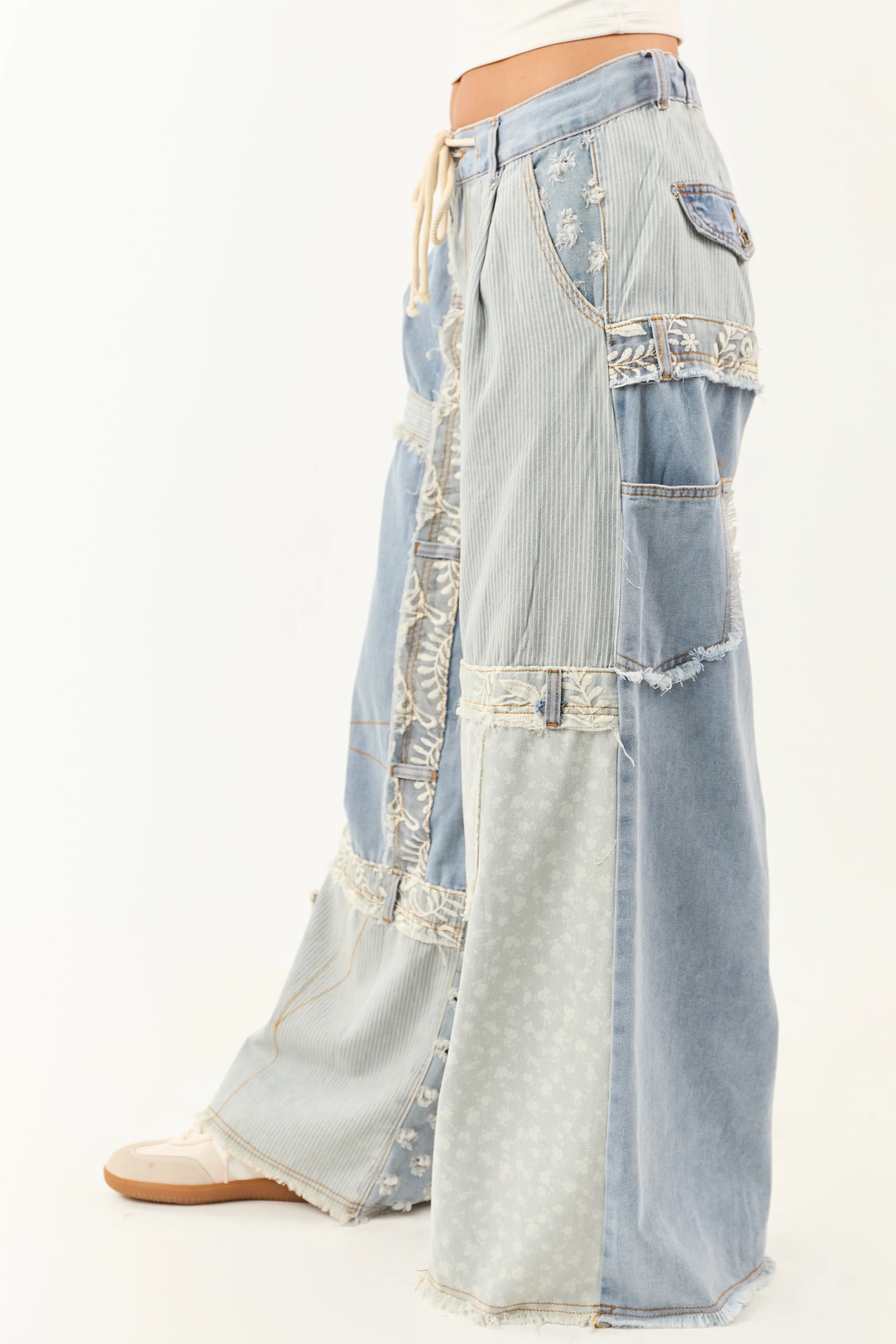 POL Light Wash Denim Patchwork Wide Leg Pants - Image 3