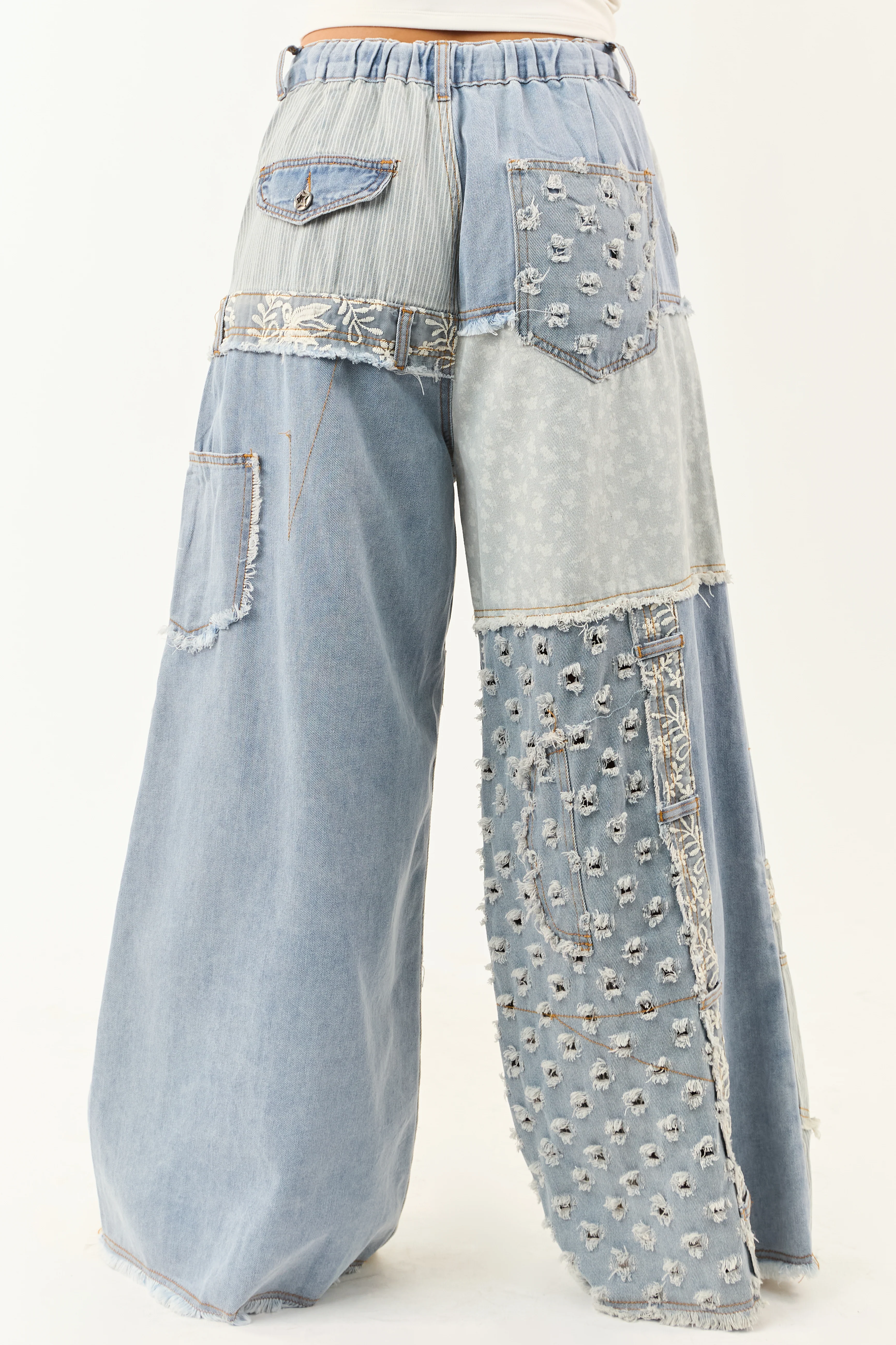 POL Light Wash Denim Patchwork Wide Leg Pants - Image 4