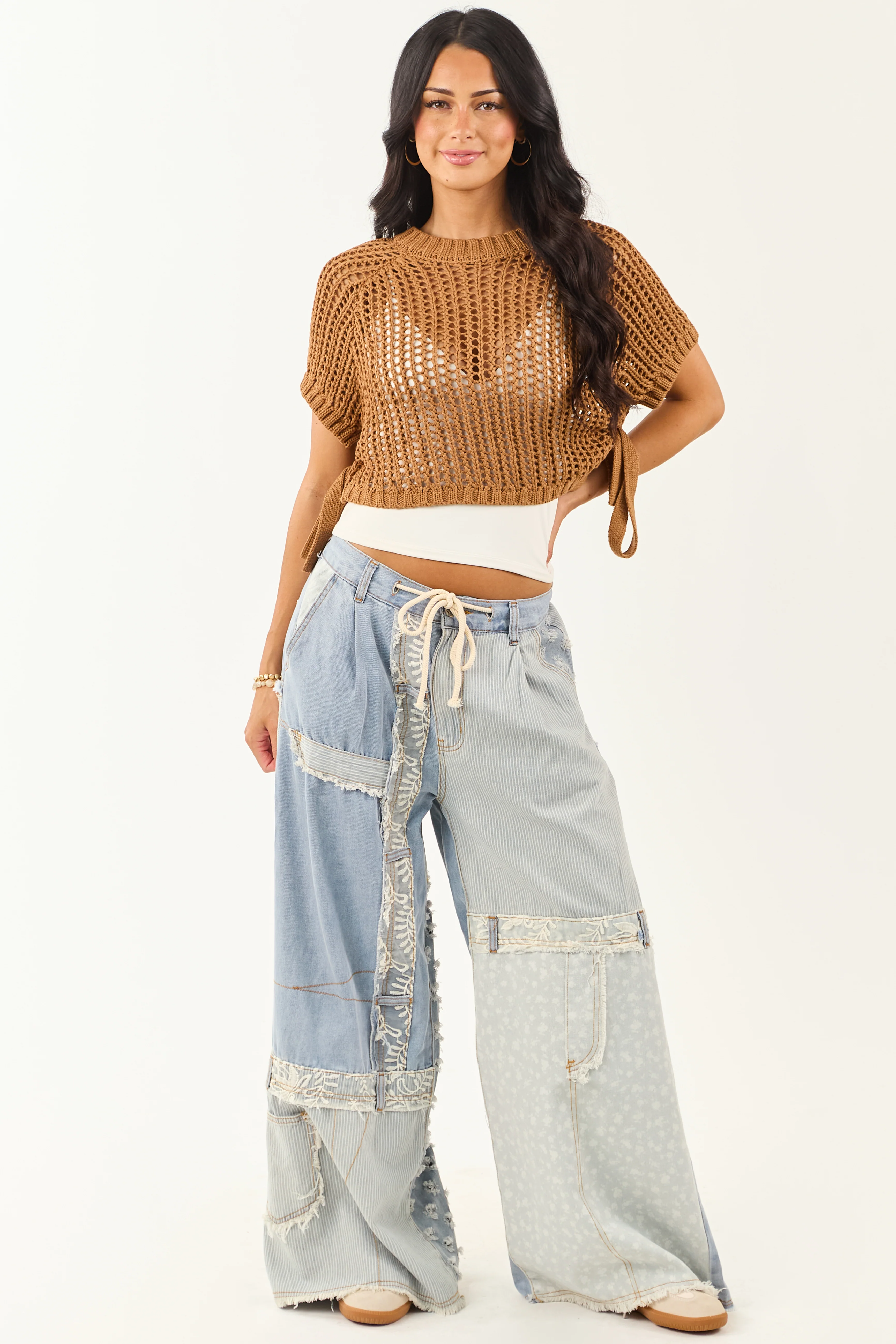 POL Light Wash Denim Patchwork Wide Leg Pants - Image 5