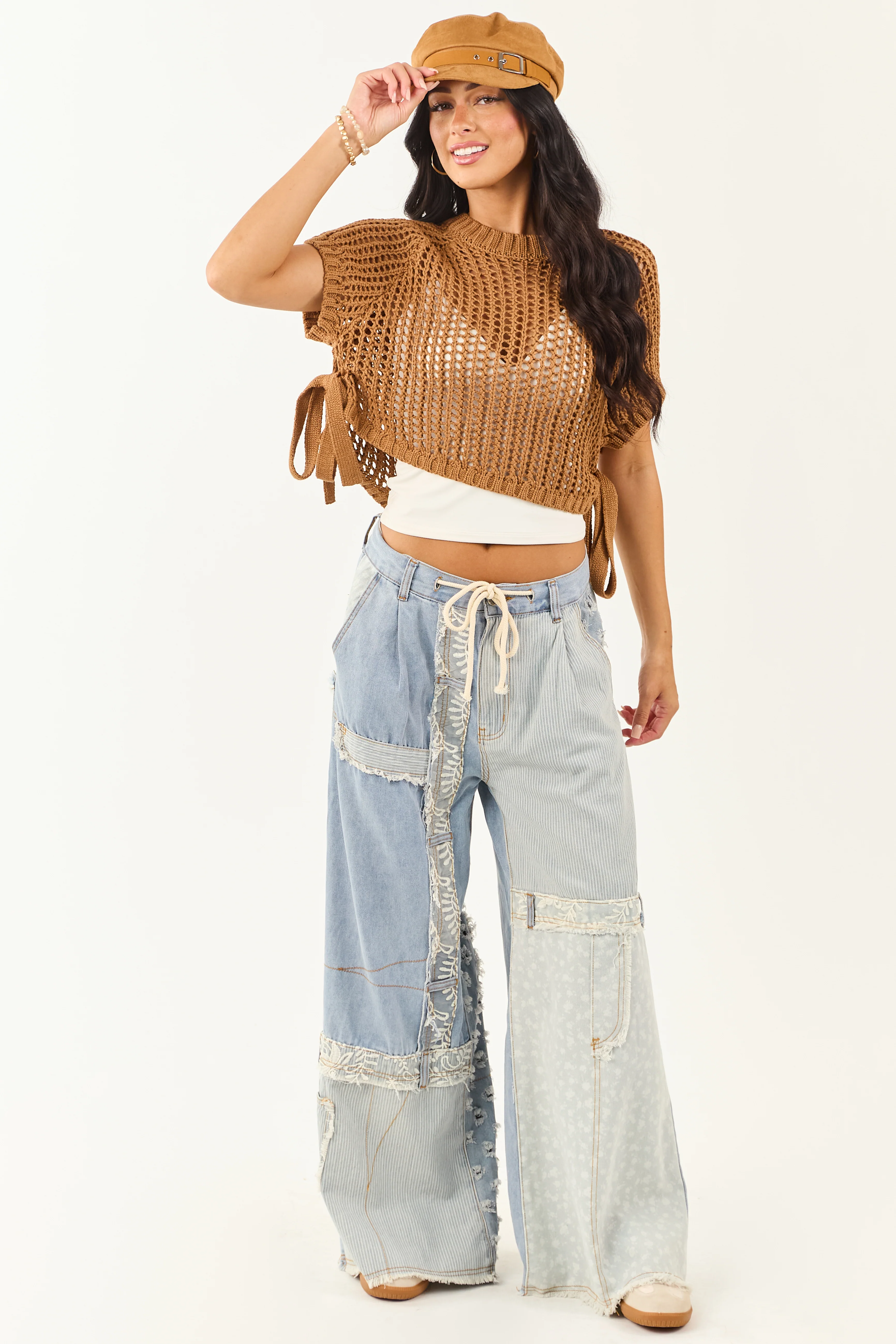 POL Light Wash Denim Patchwork Wide Leg Pants - Image 6