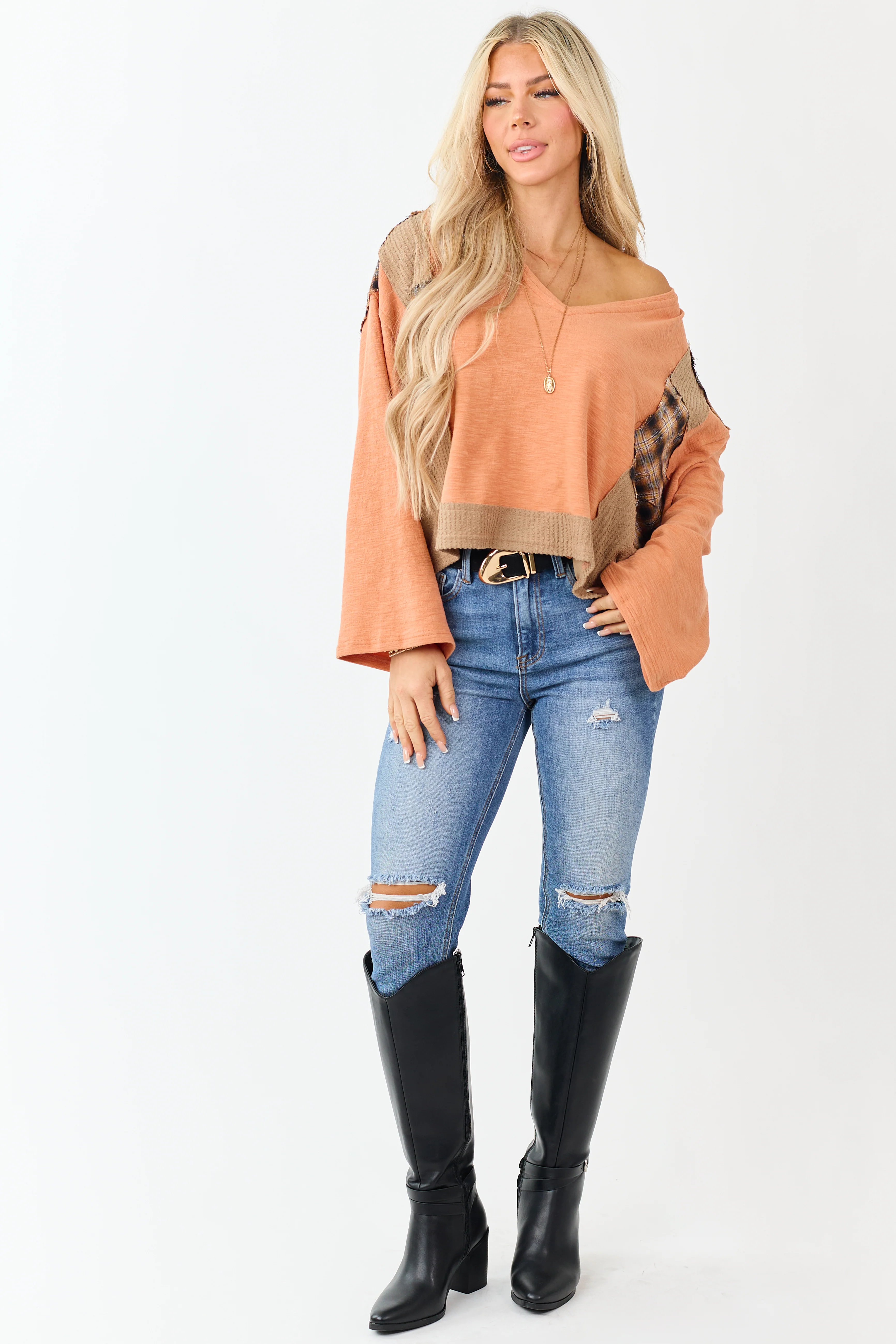 POL Melon Plaid Patchwork Long Sleeve Top - Image 2