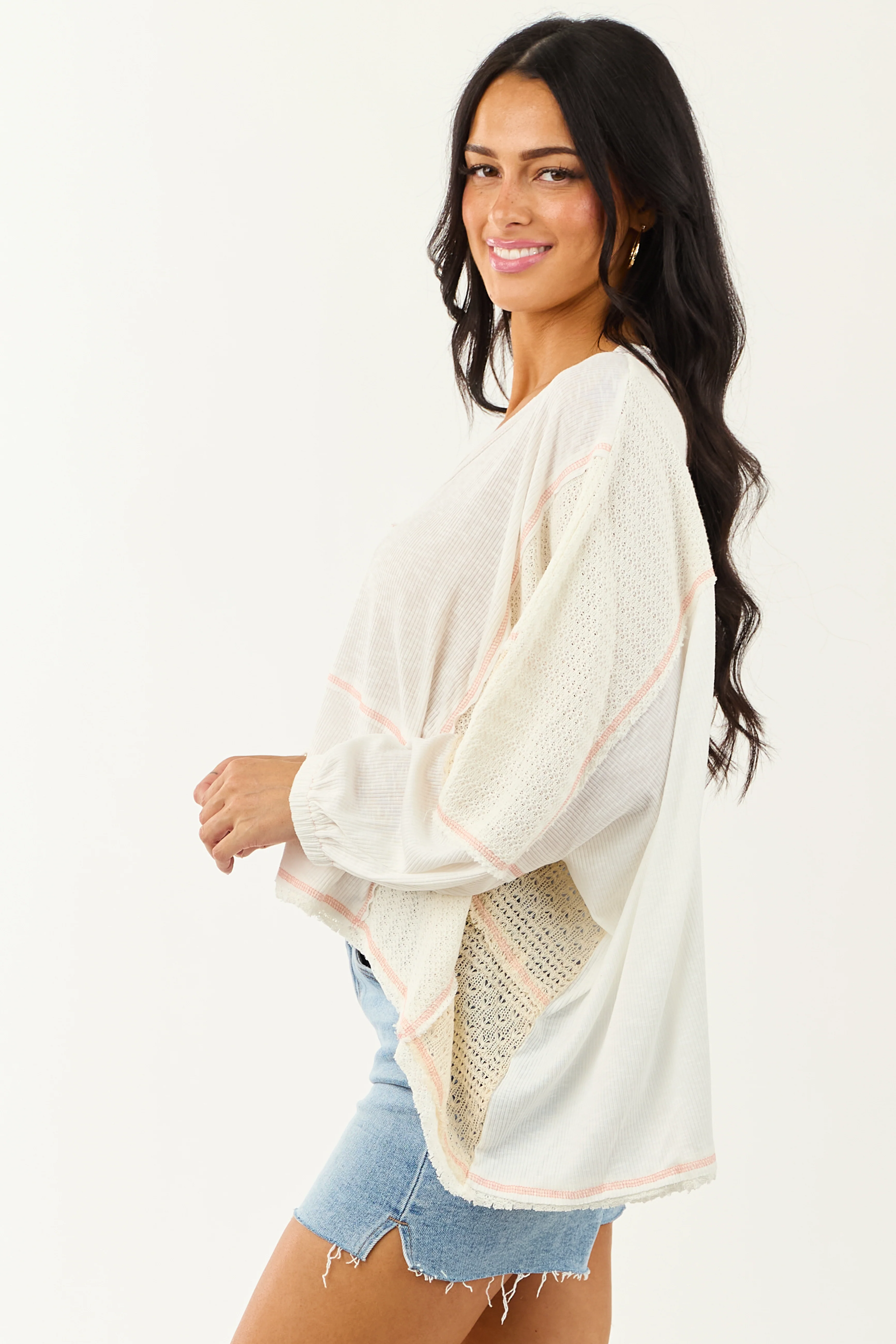 POL Off White and Cream Contrast Knit Relaxed Top - Image 5