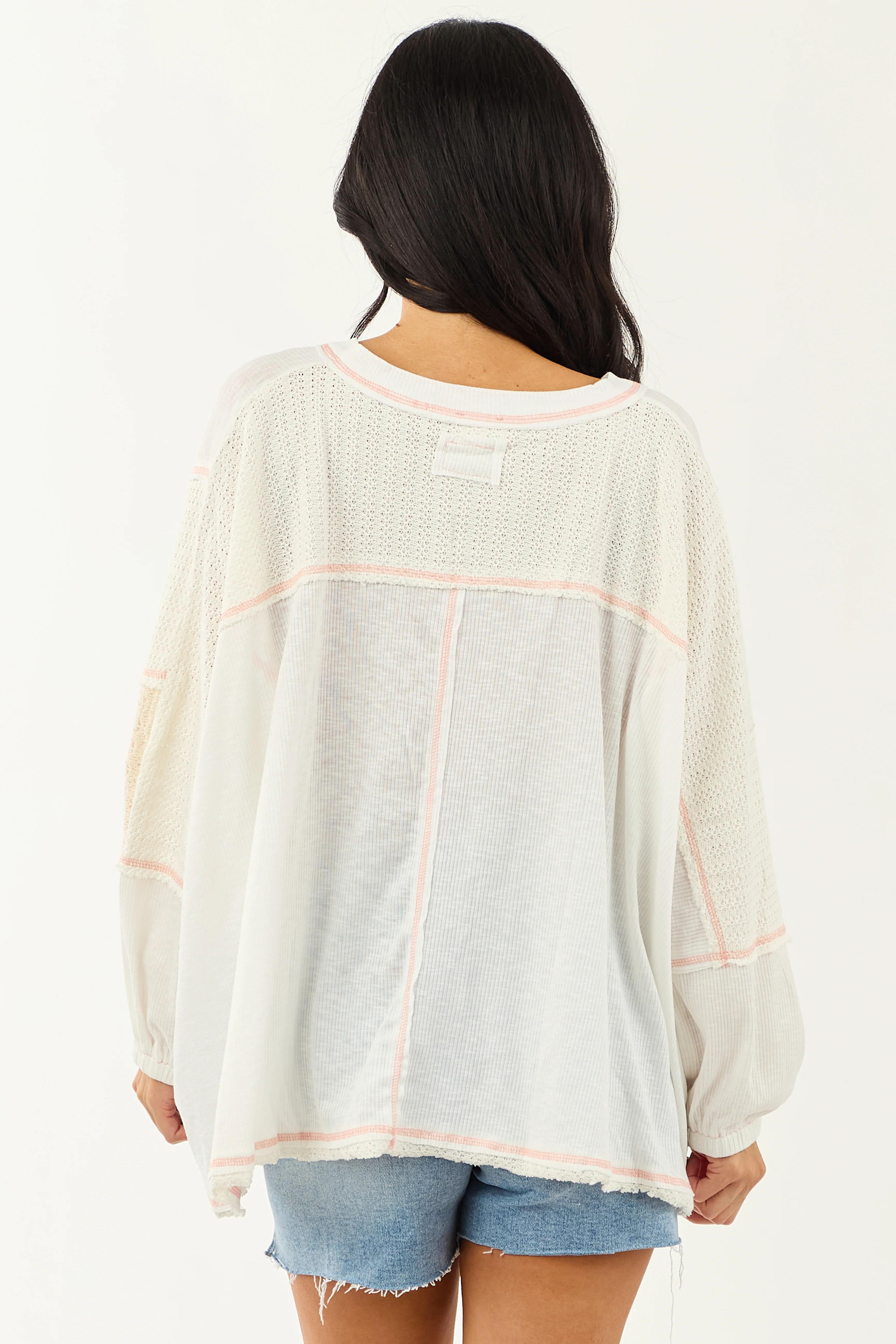 POL Off White and Cream Contrast Knit Relaxed Top - Image 6