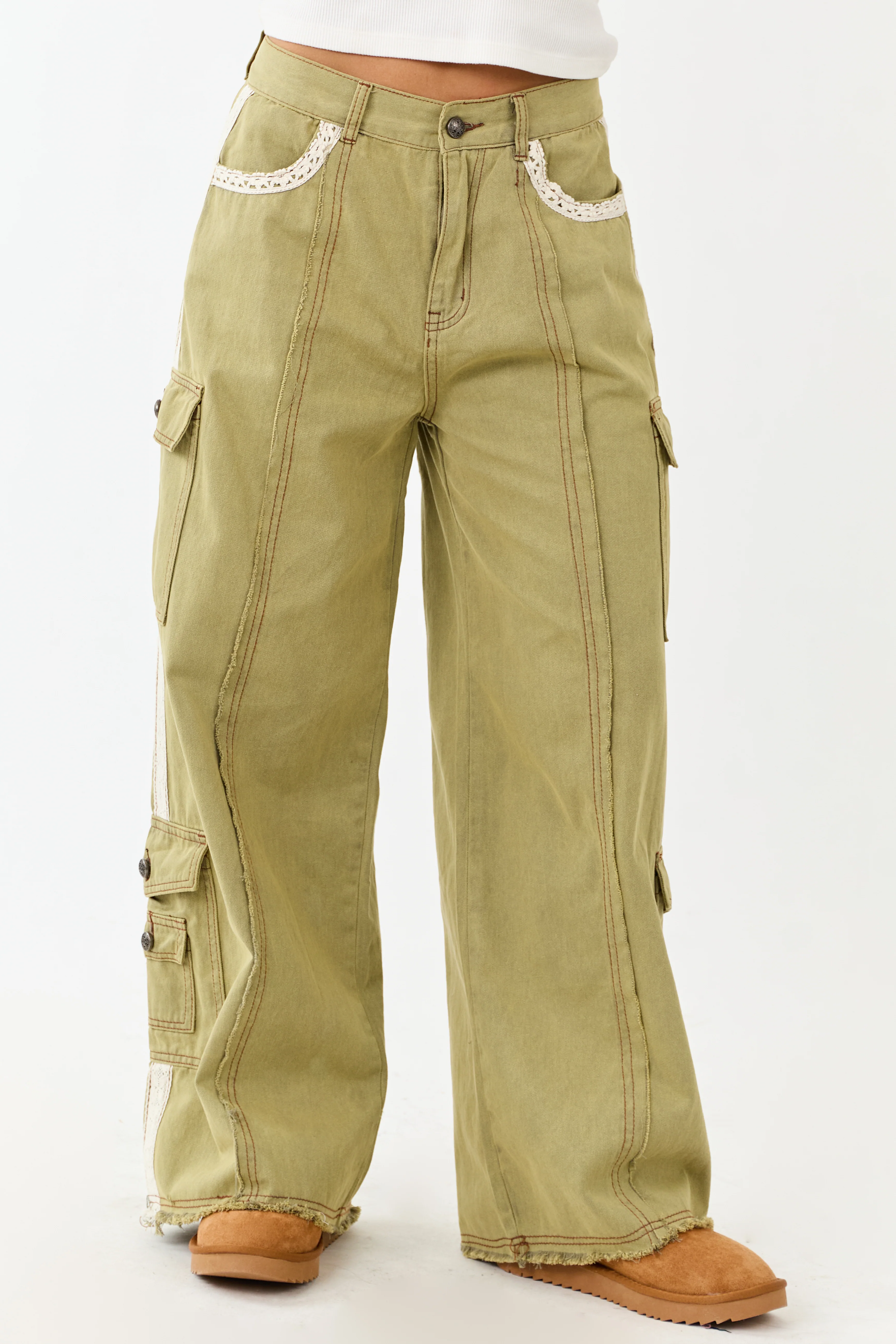 POL Olive Denim Patchwork Wide Leg Cargo Pants - Image 2