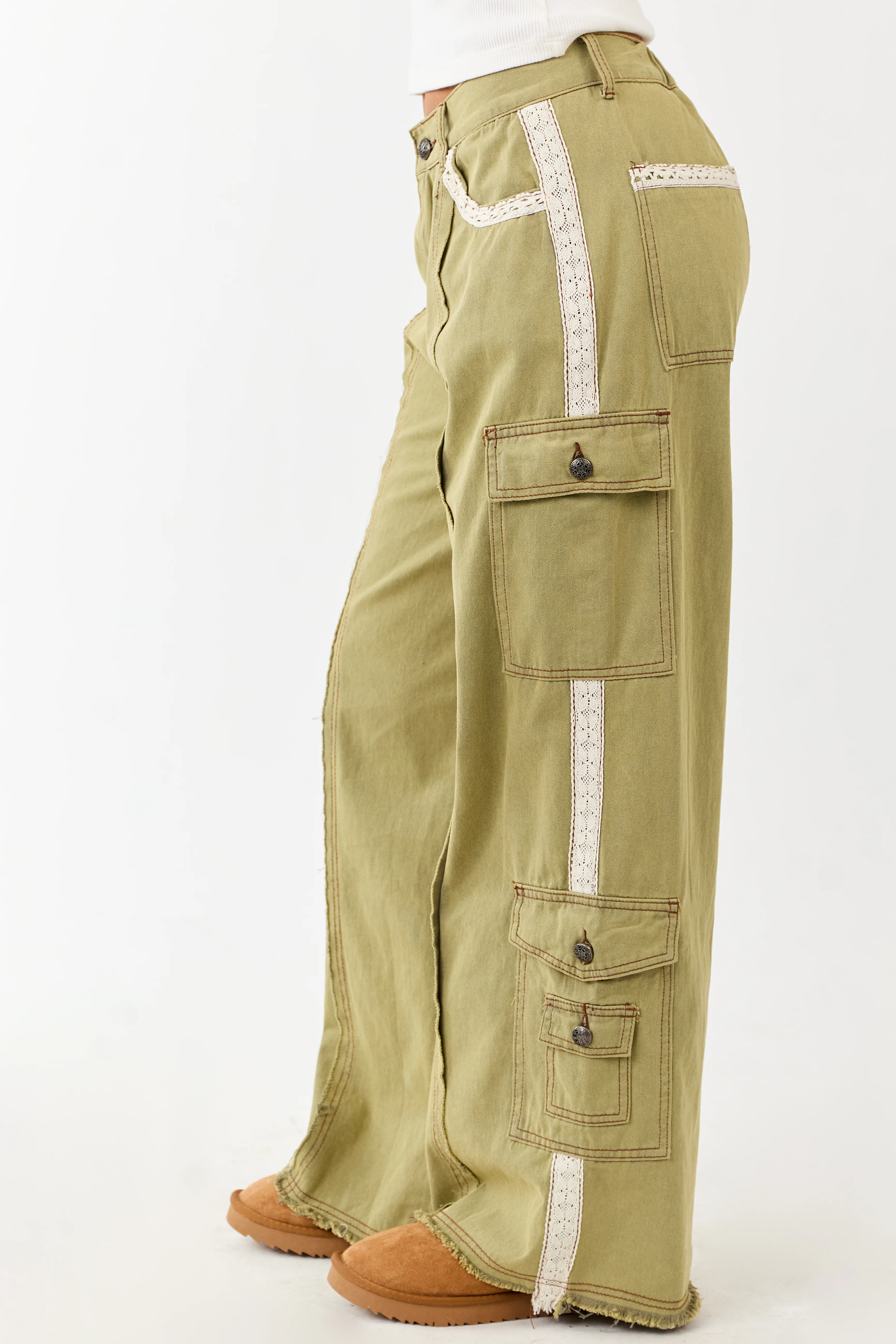 POL Olive Denim Patchwork Wide Leg Cargo Pants - Image 3