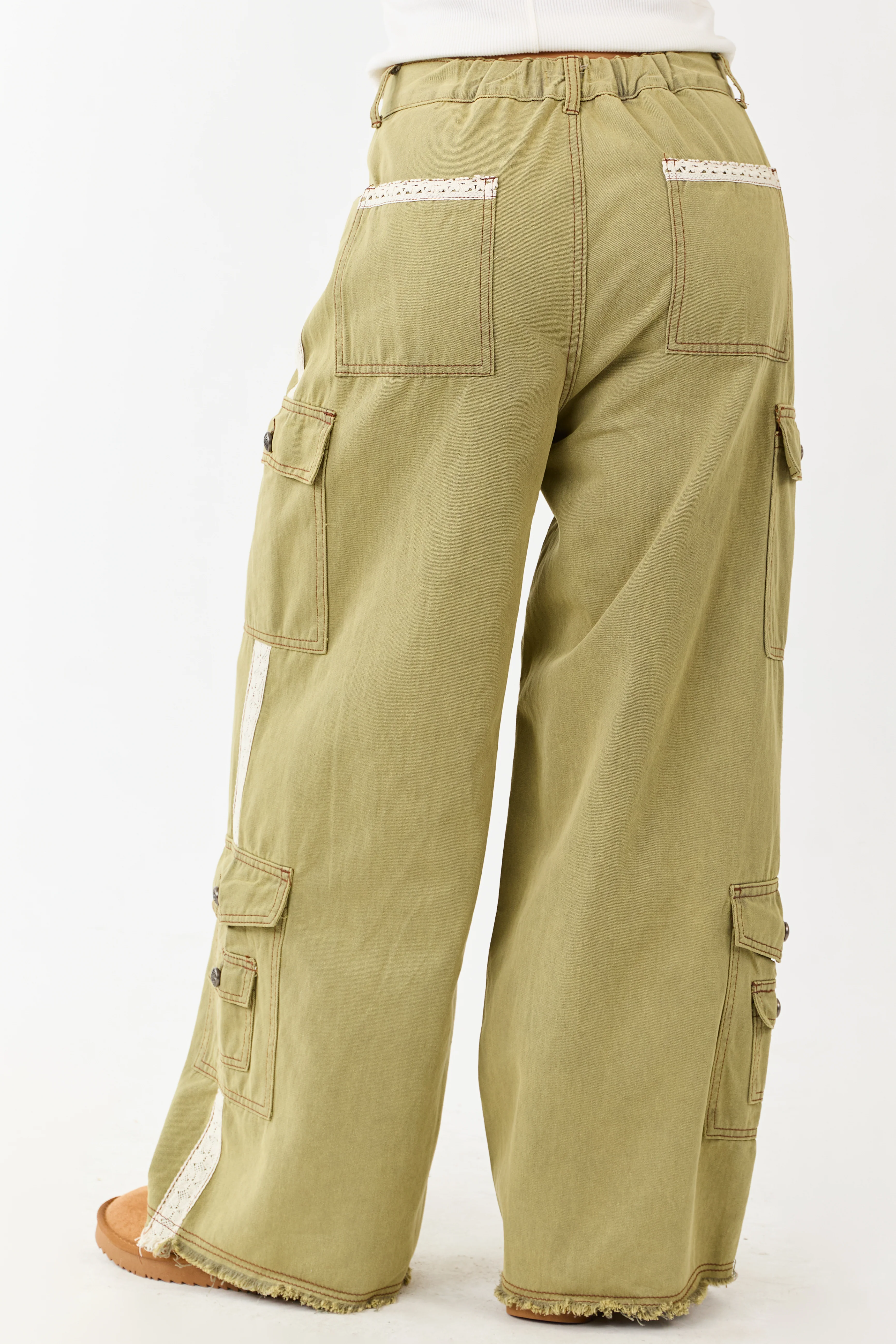 POL Olive Denim Patchwork Wide Leg Cargo Pants - Image 4