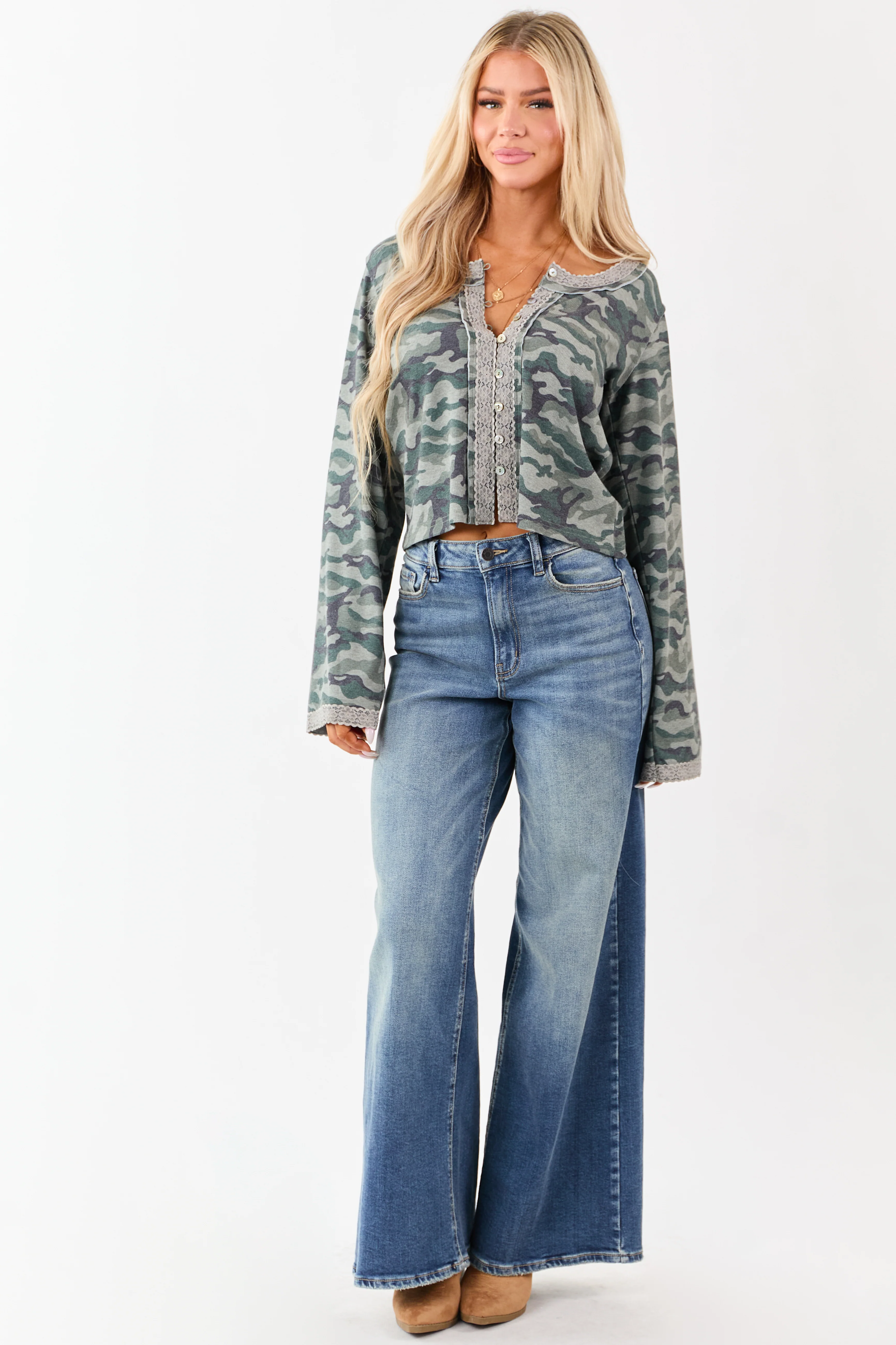 POL Sage Camo Print Button Down Long Sleeve Top - Image 2