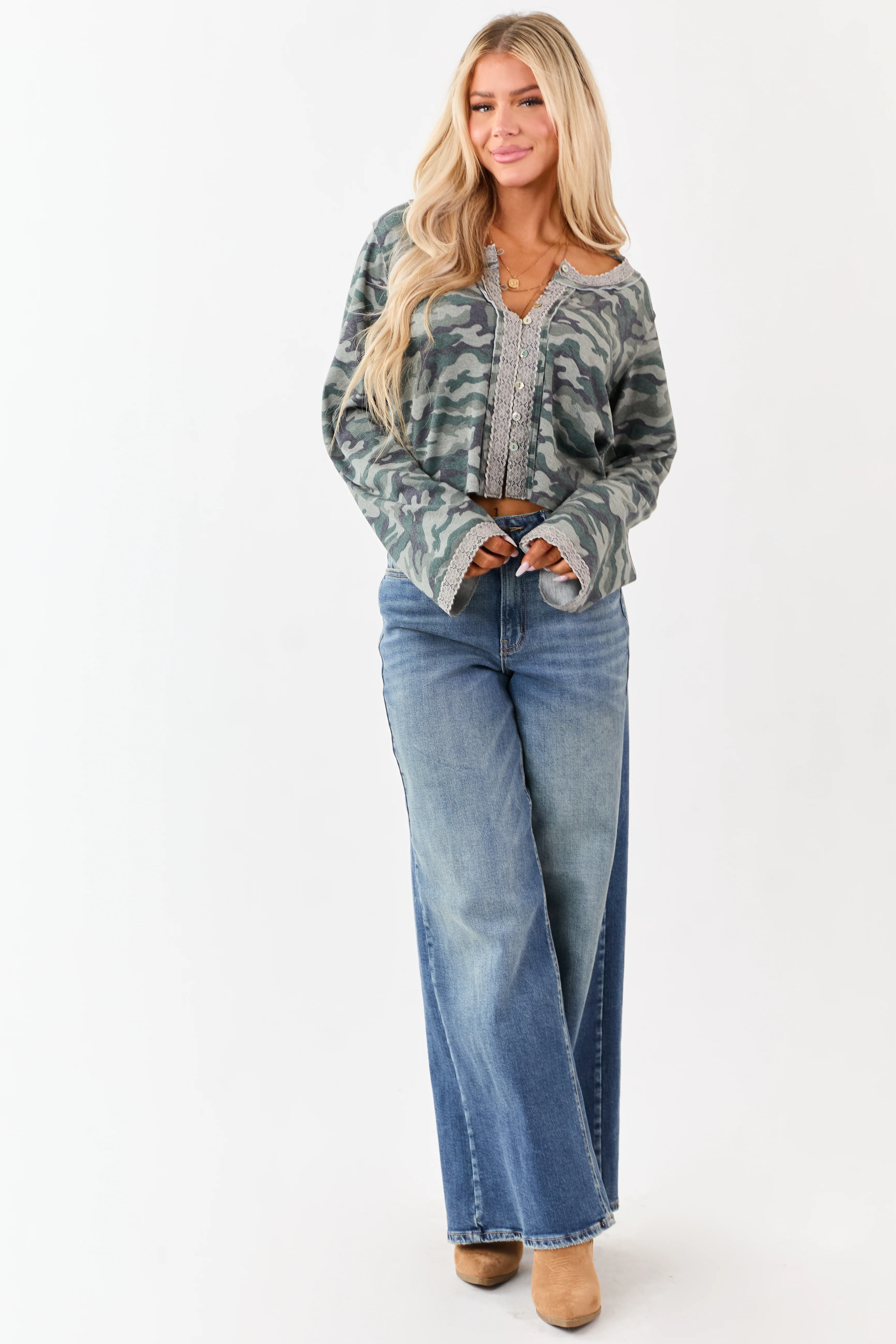 POL Sage Camo Print Button Down Long Sleeve Top - Image 3