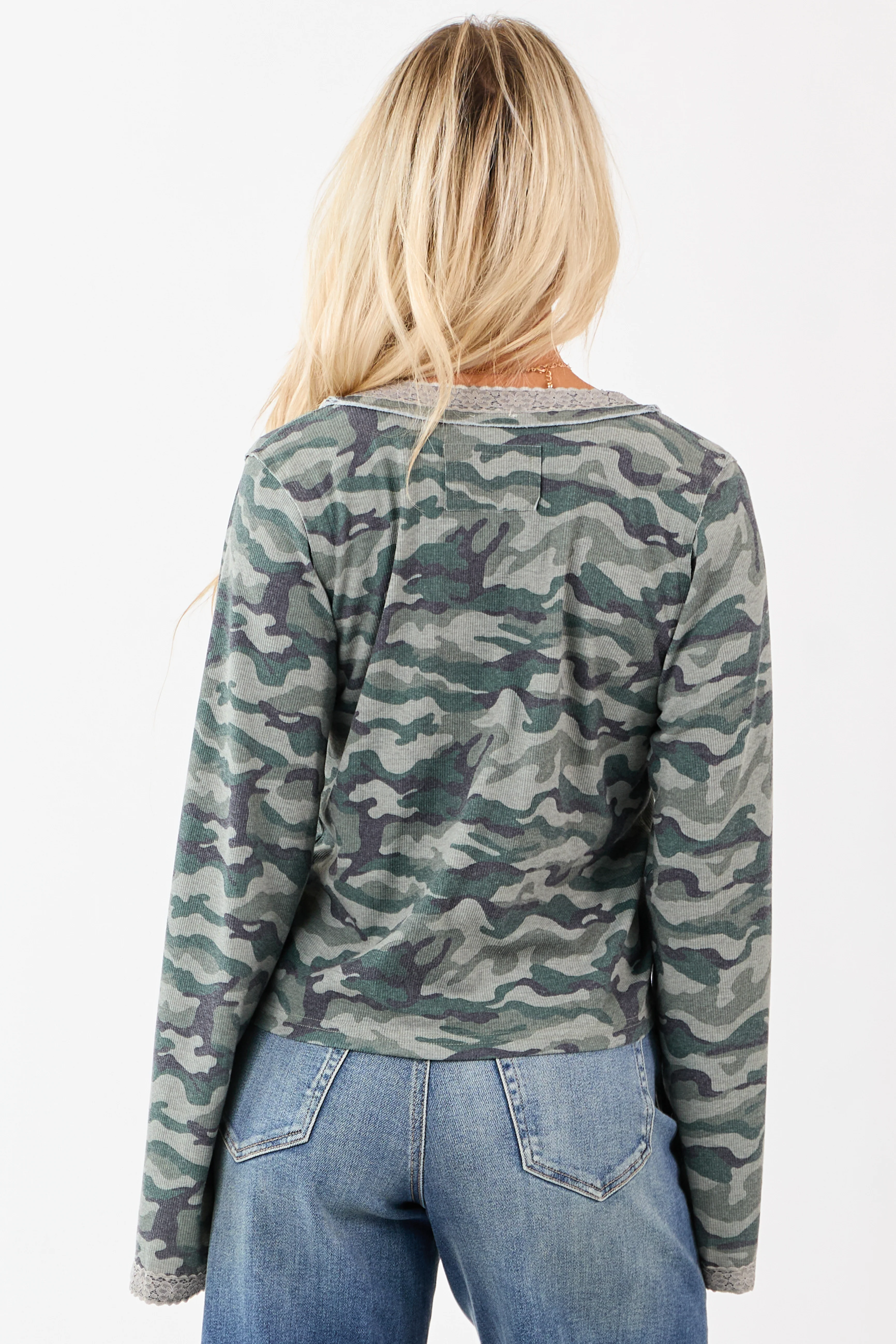 POL Sage Camo Print Button Down Long Sleeve Top - Image 5