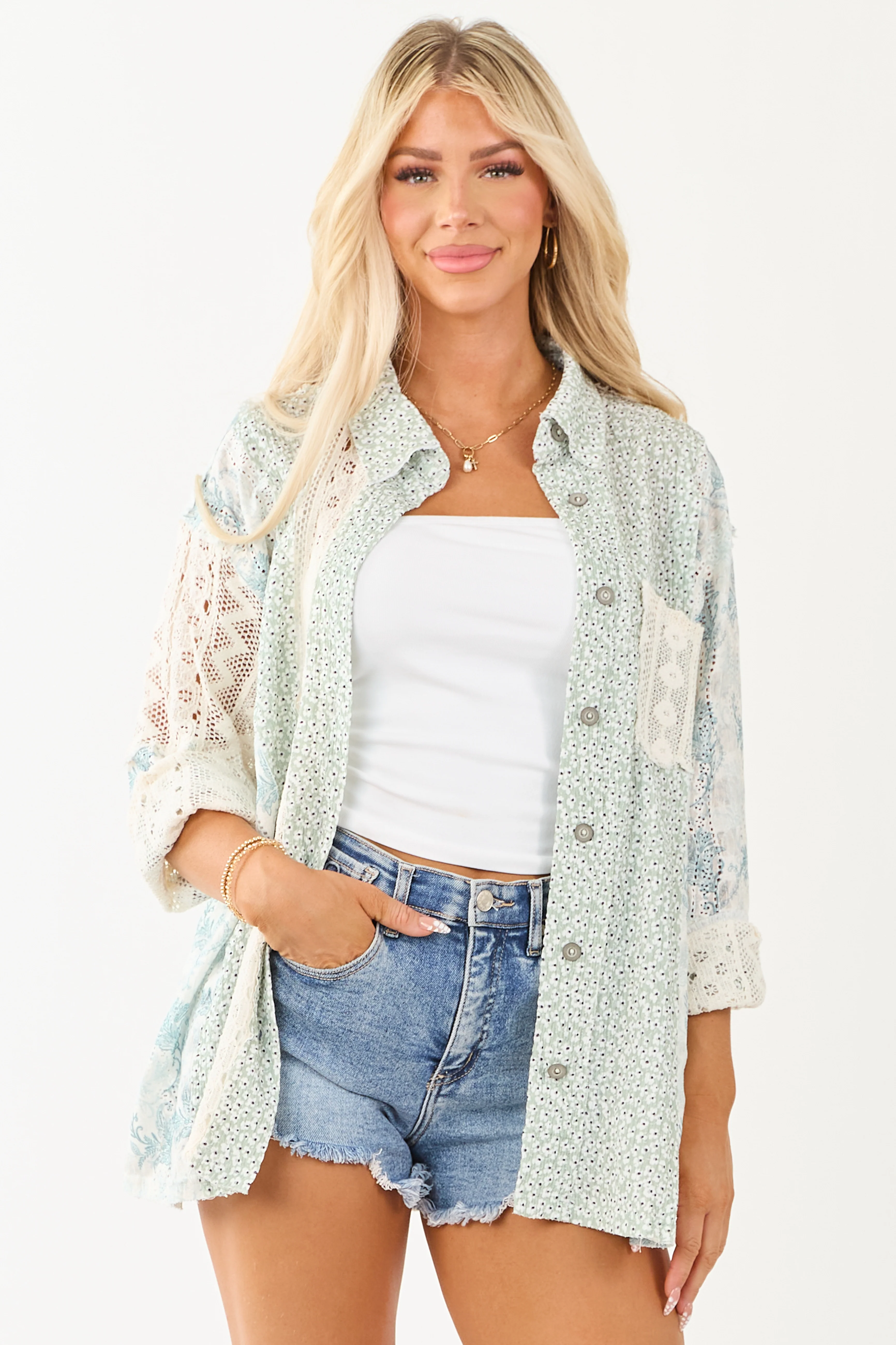 POL Sage Patchwork Button Down Long Sleeve Top - Image 2
