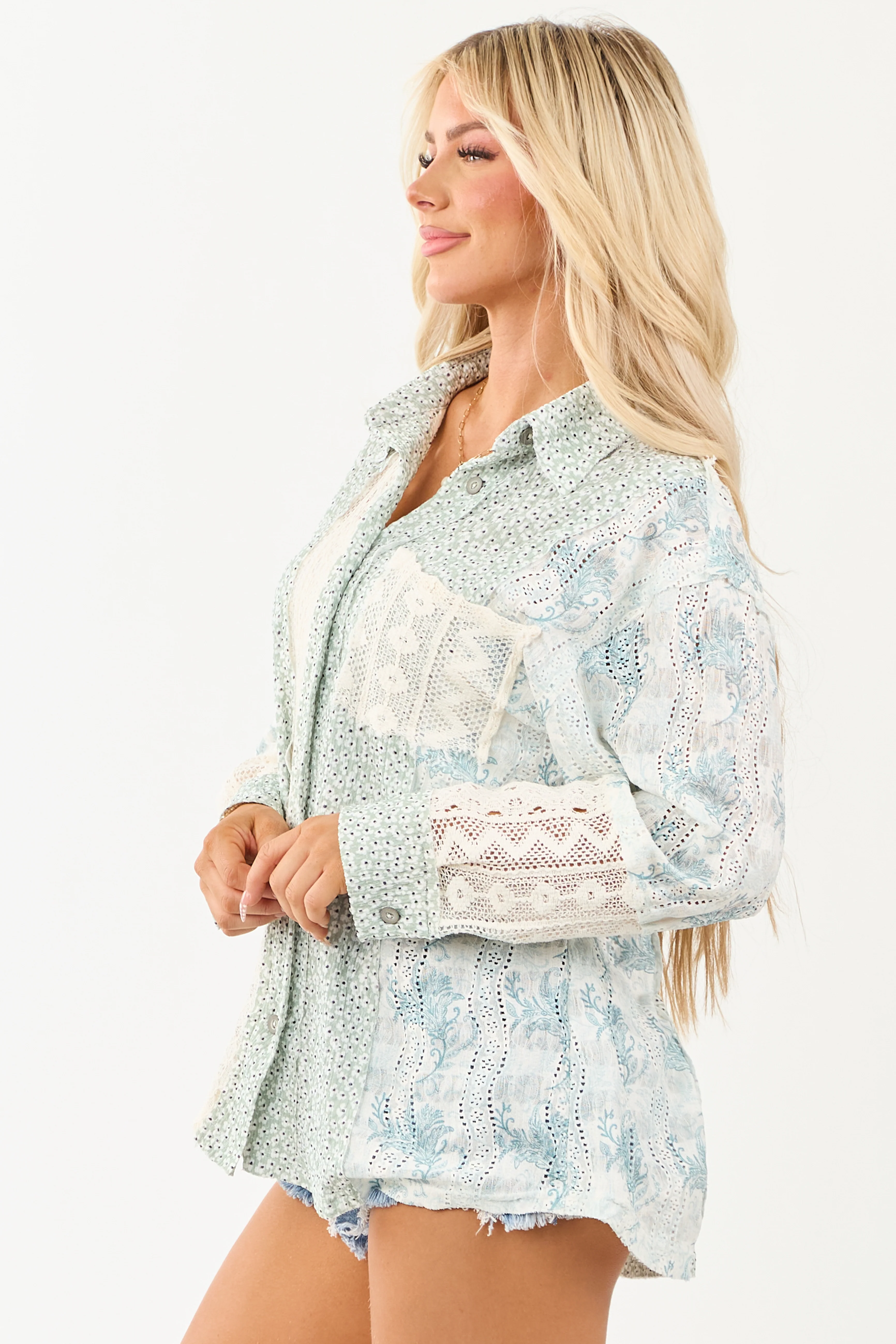 POL Sage Patchwork Button Down Long Sleeve Top - Image 6
