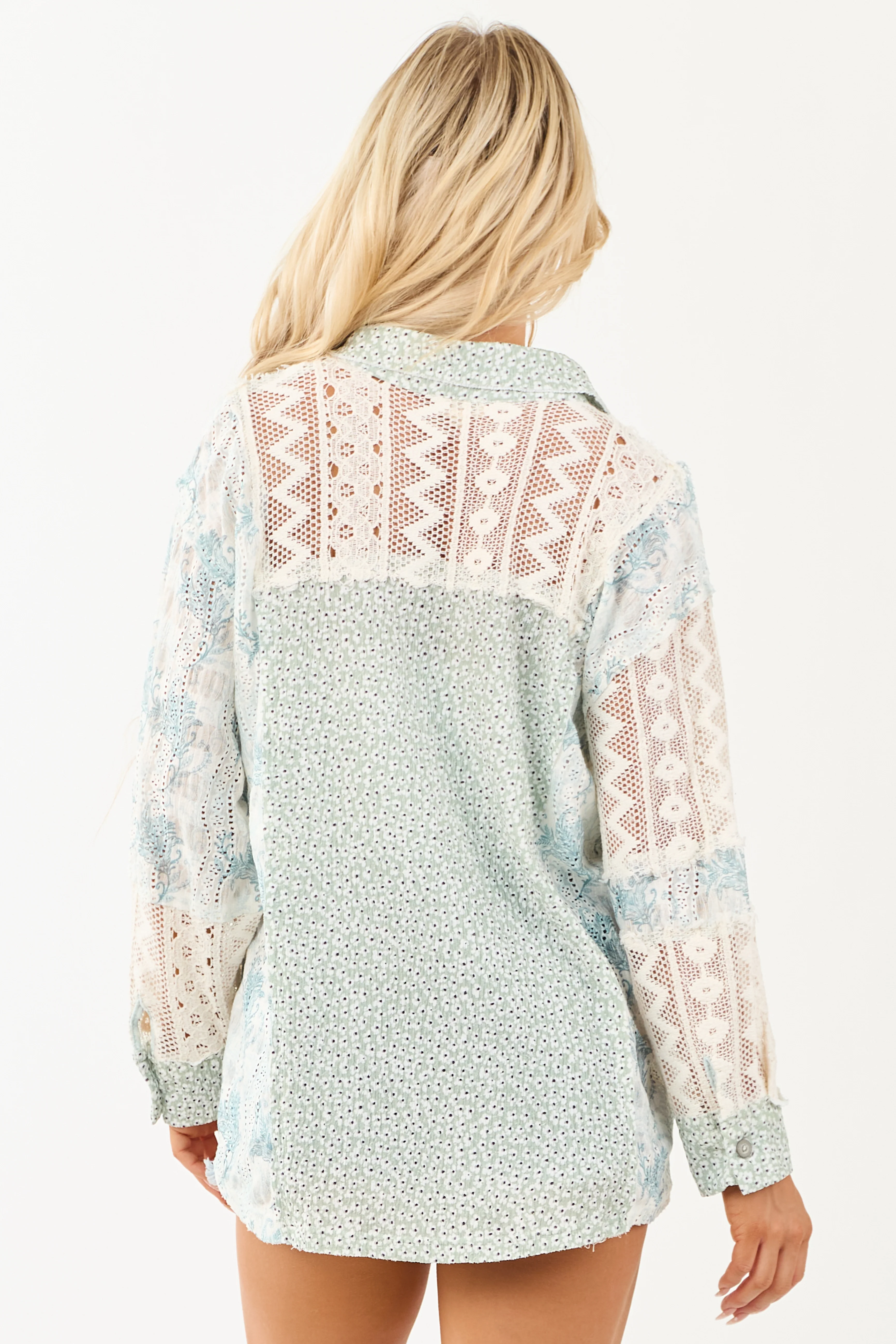 POL Sage Patchwork Button Down Long Sleeve Top - Image 7
