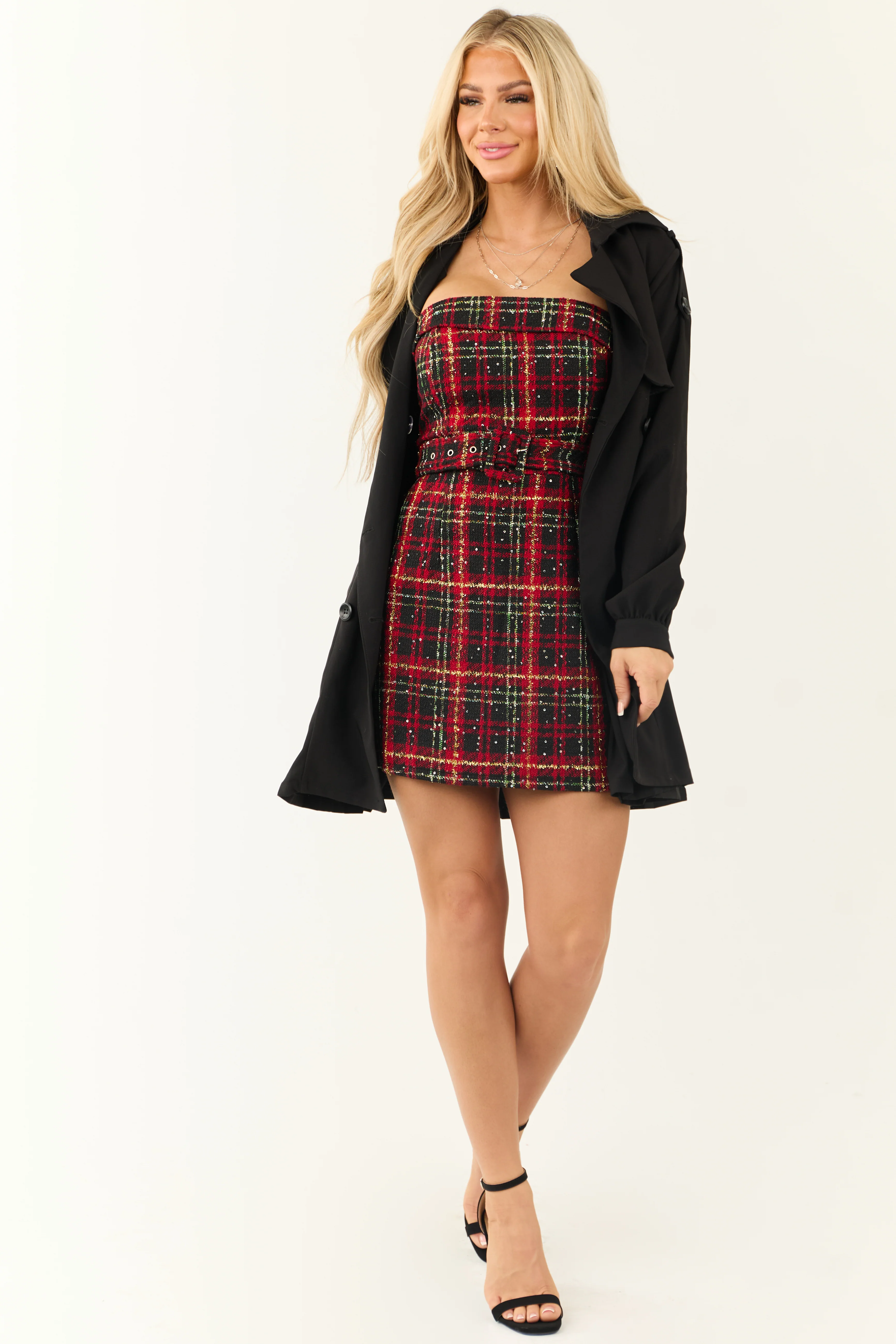 Pomegranate and Black Plaid Tweed Mini Dress - Image 4