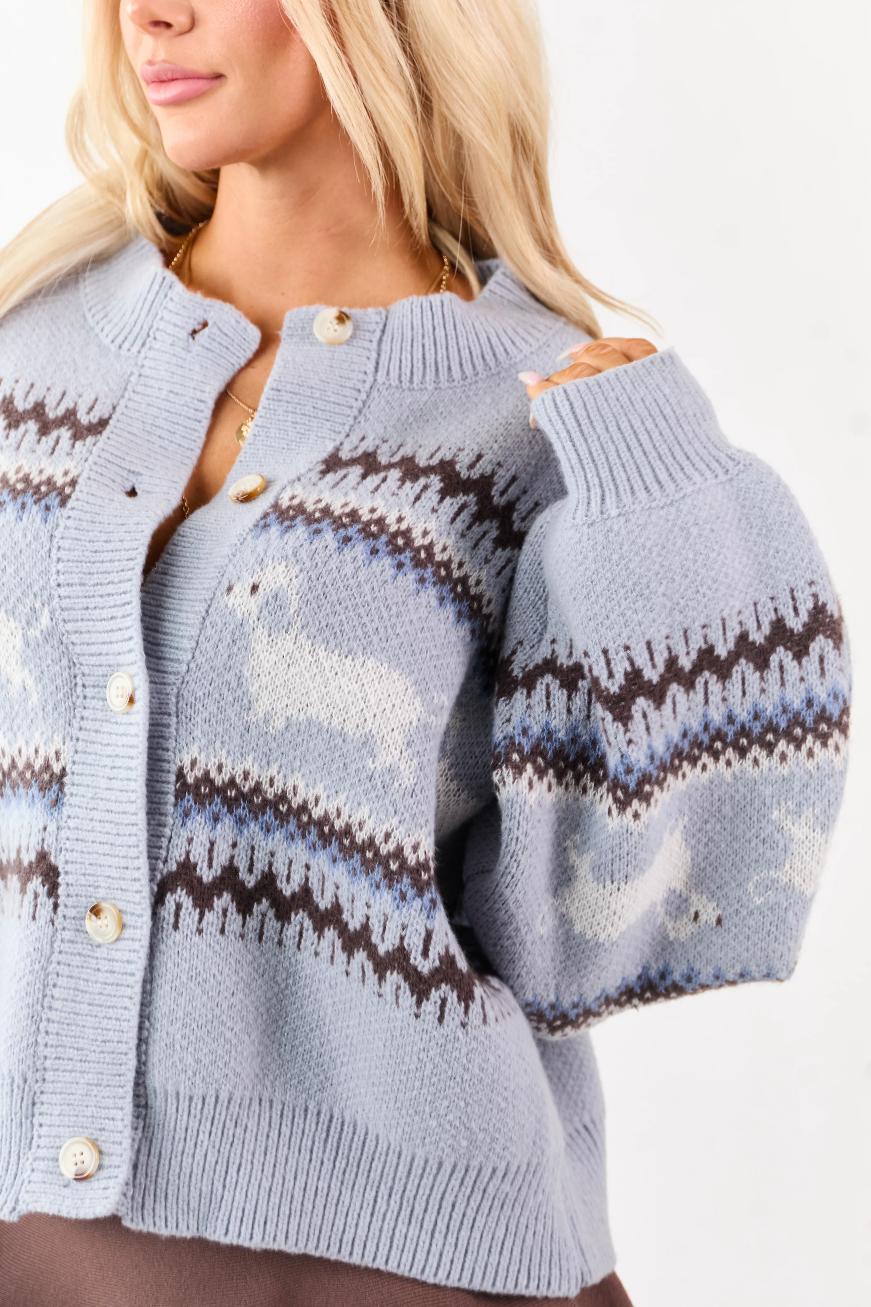 Powder Blue Fair Isle Pattern Button Down Cardigan - Image 8