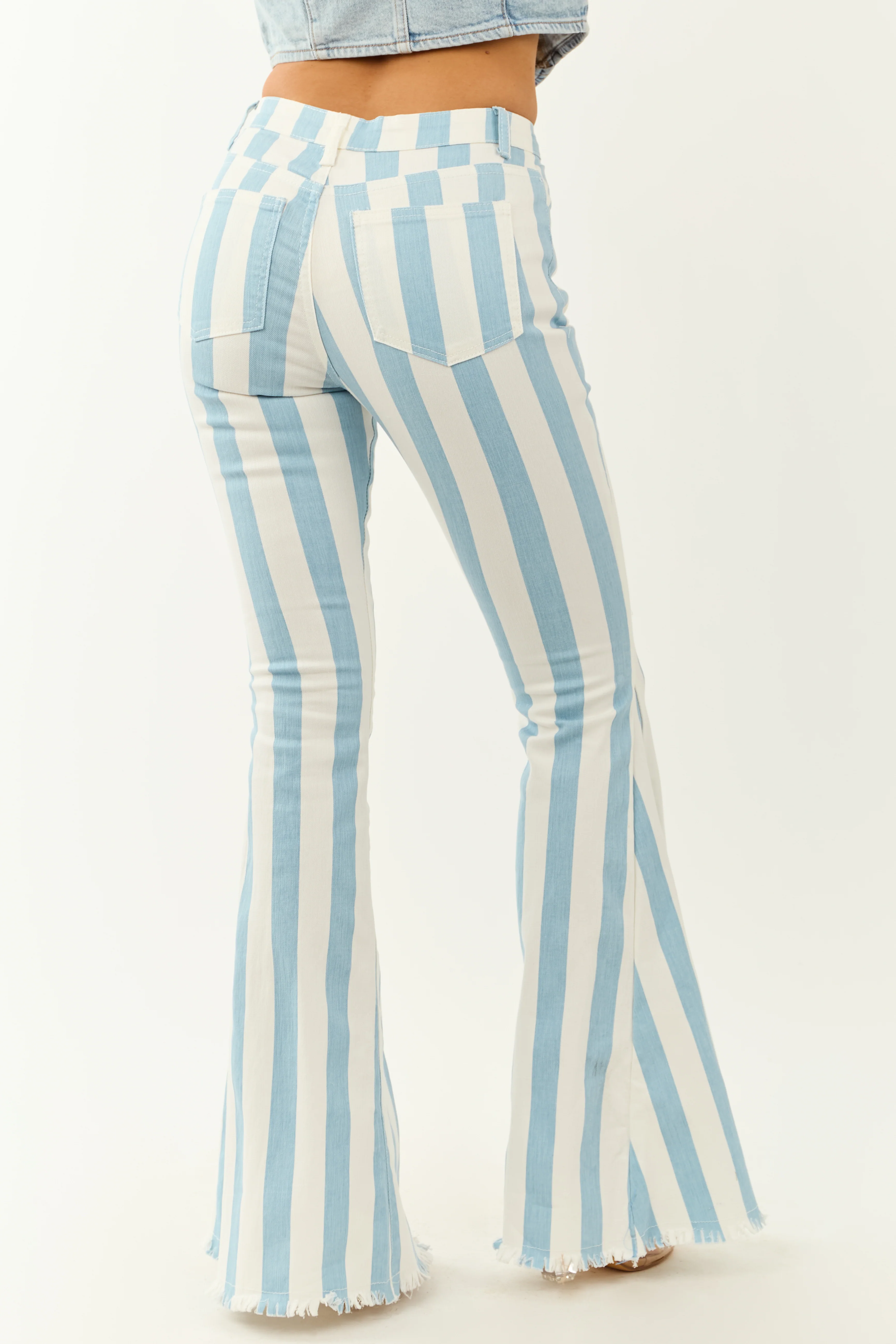 Powder Blue Striped Stretchy High Rise Flare Jeans - Image 5