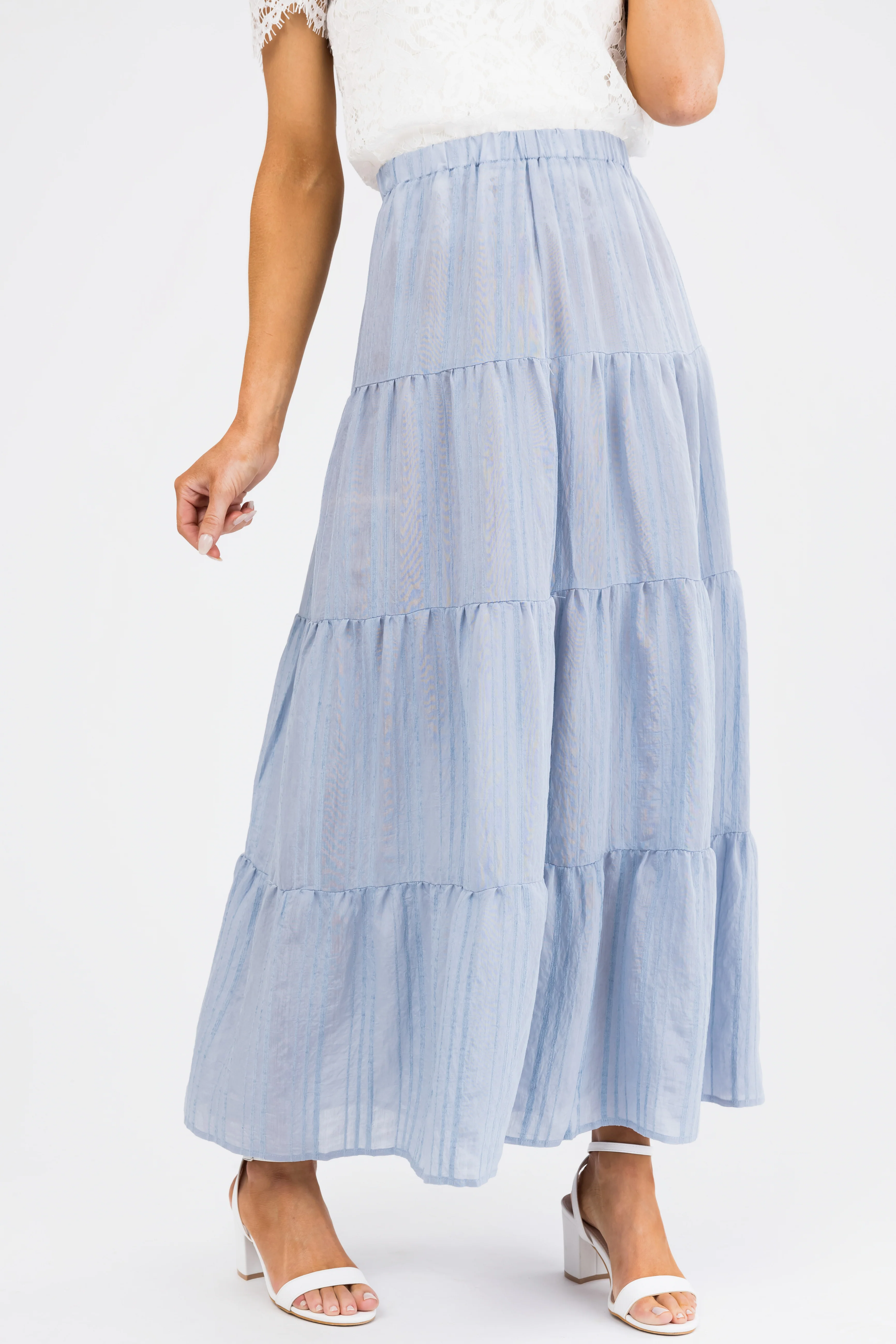 Powder Blue Textured Tiered Maxi Skirt - Image 2