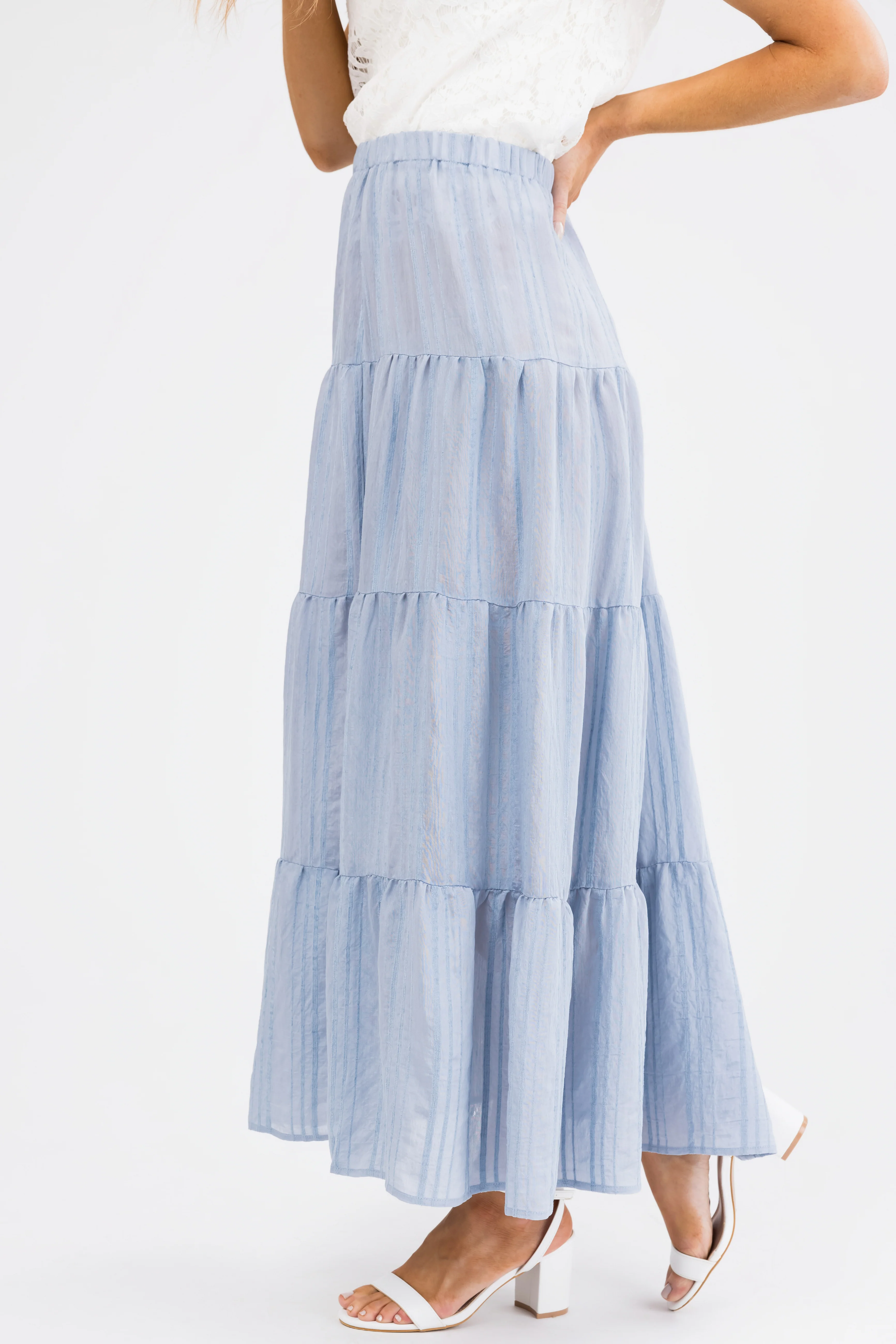 Powder Blue Textured Tiered Maxi Skirt - Image 3
