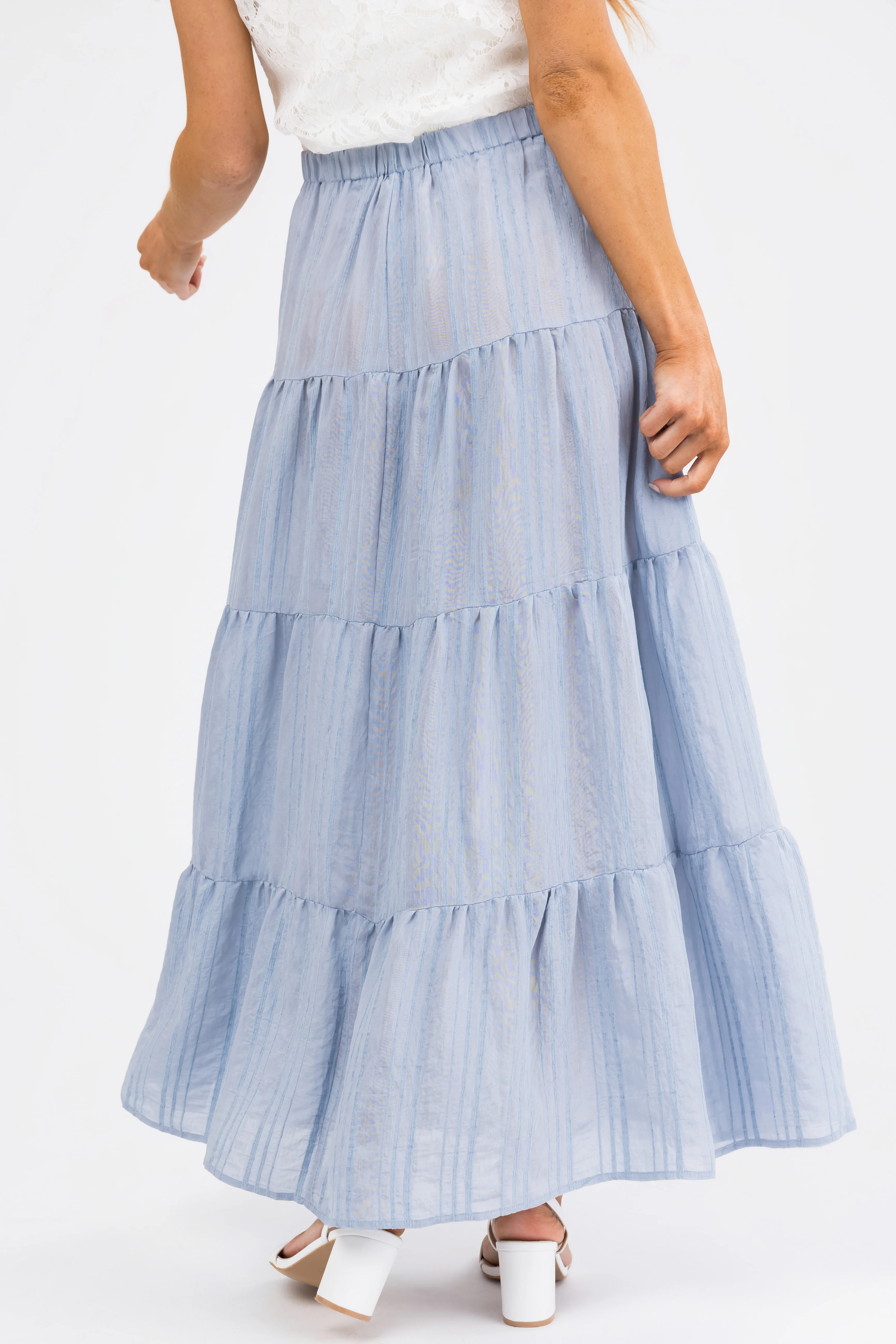 Powder Blue Textured Tiered Maxi Skirt - Image 4