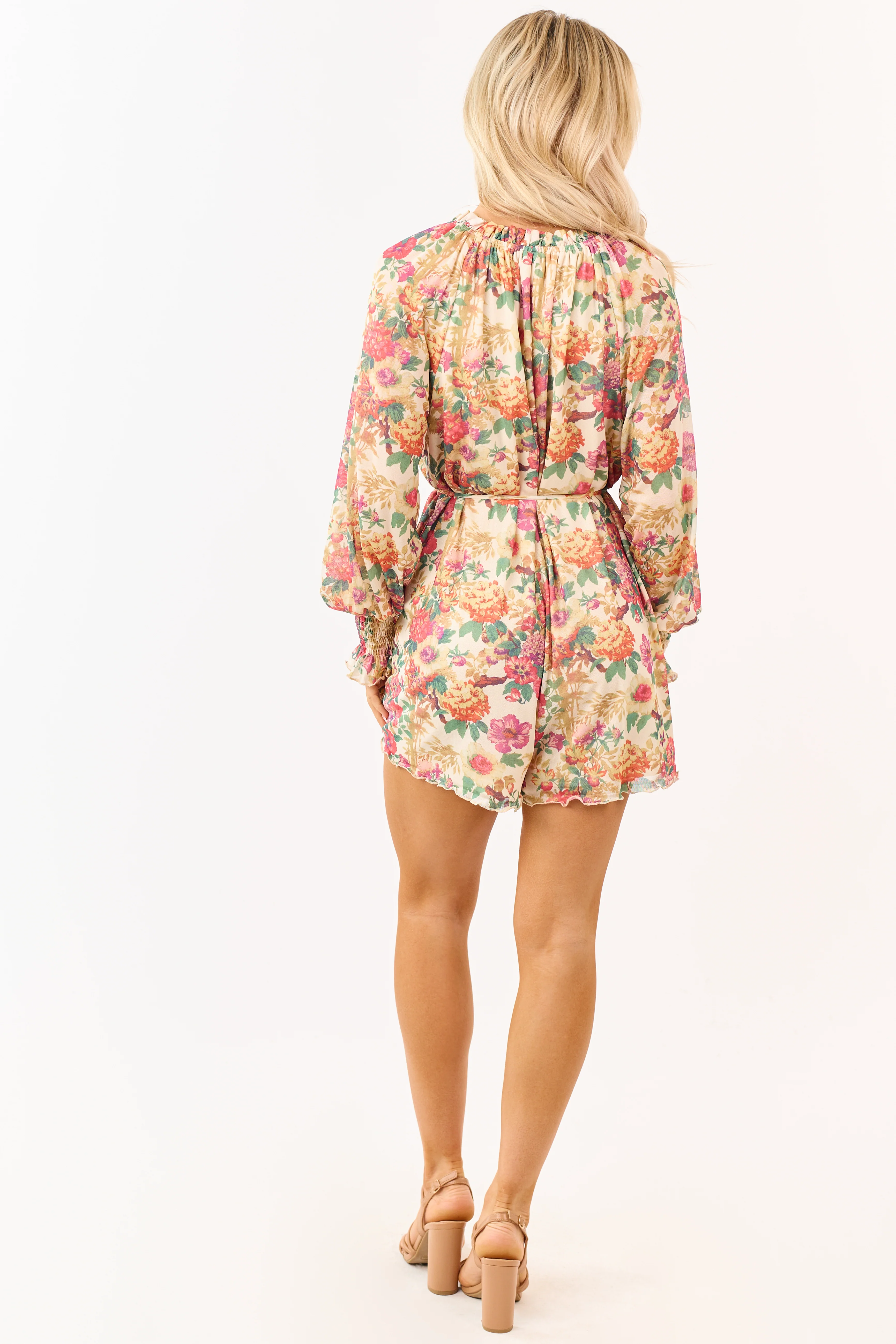 Promesa Almond Floral Mesh Long Sleeve Romper - Image 5