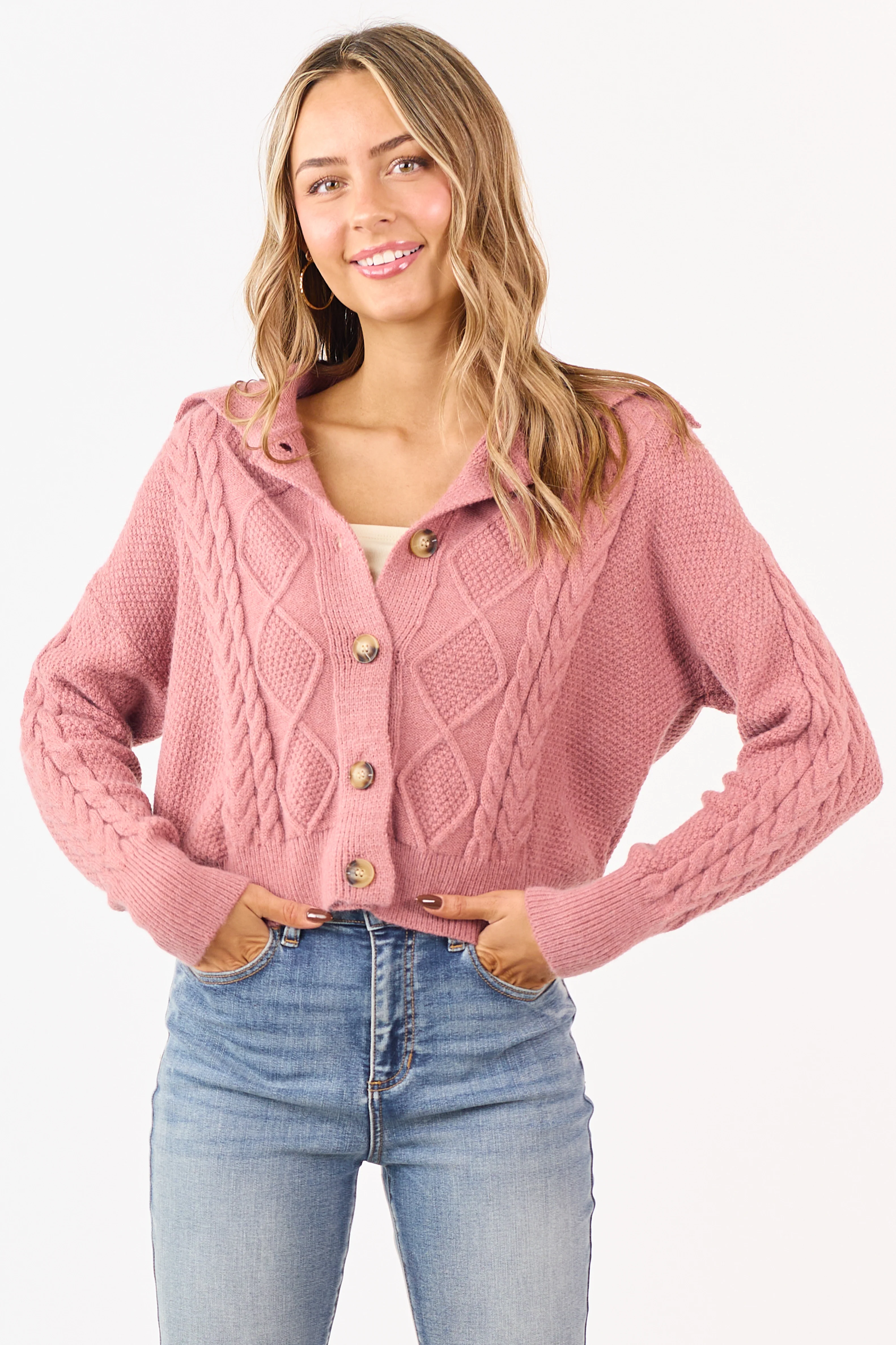 Punch Cable Knit Button Up Collared Cardigan