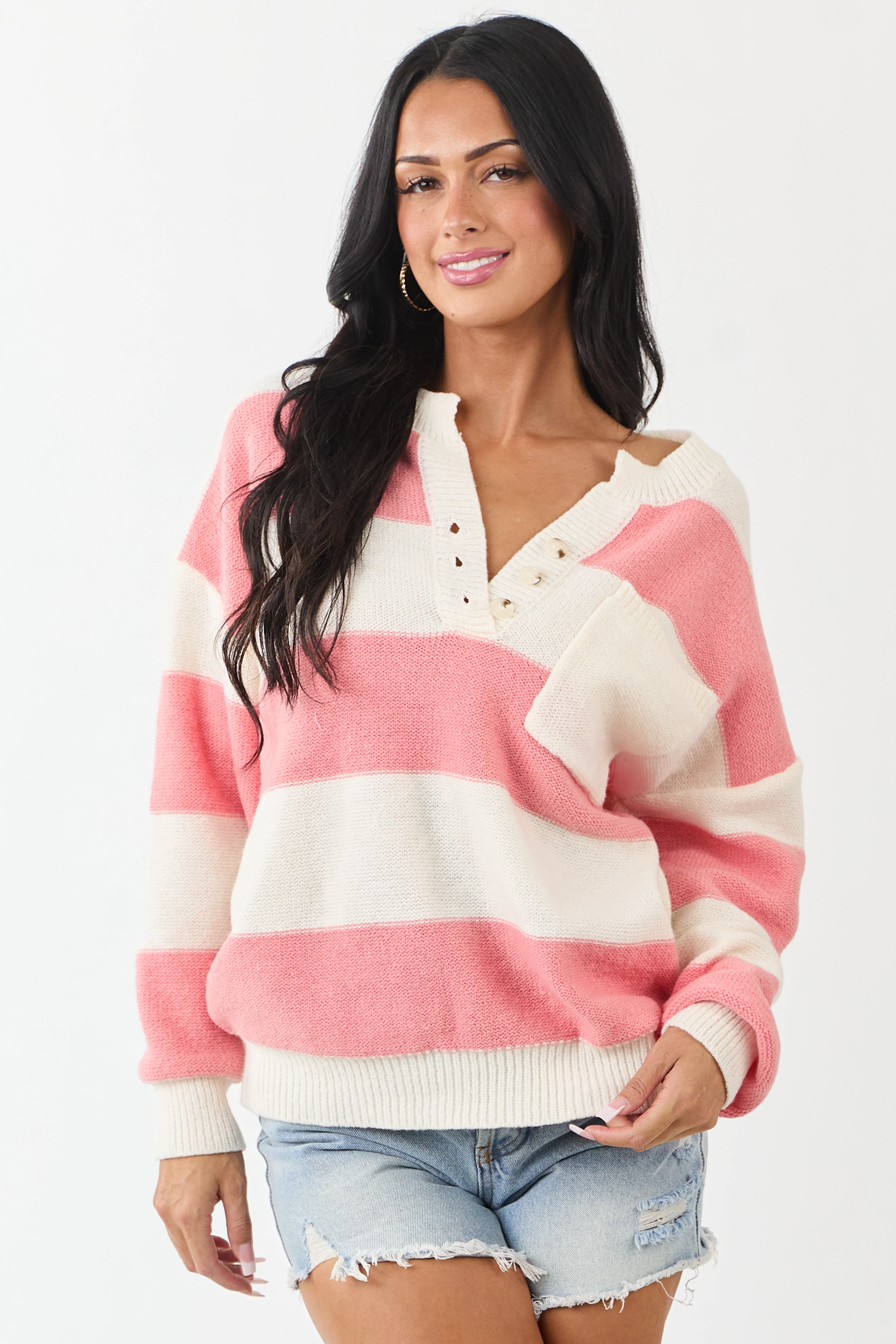 Punch and Cream Thick Stripe Henley Sweater