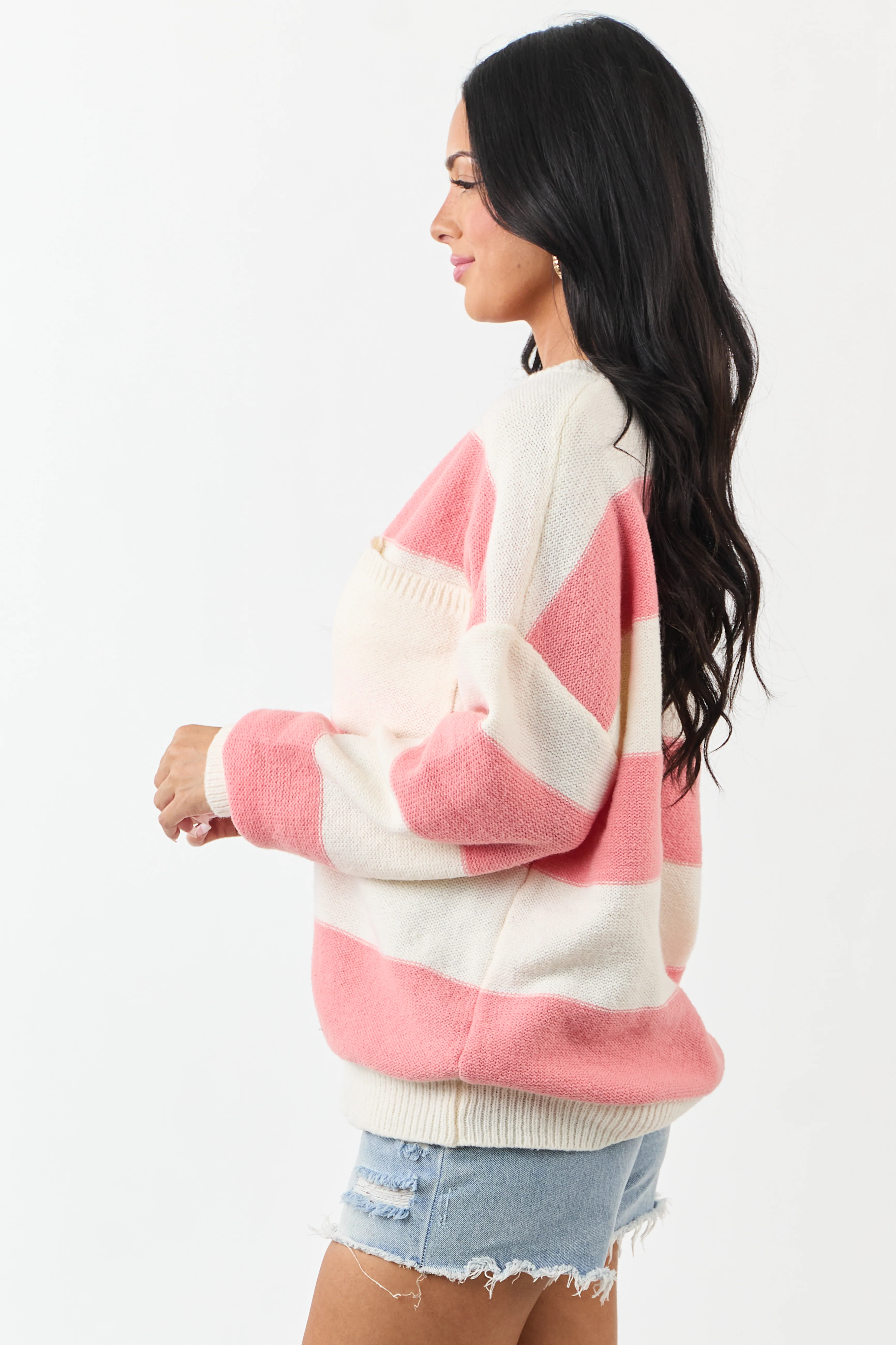 Punch and Cream Thick Stripe Henley Sweater - Image 4