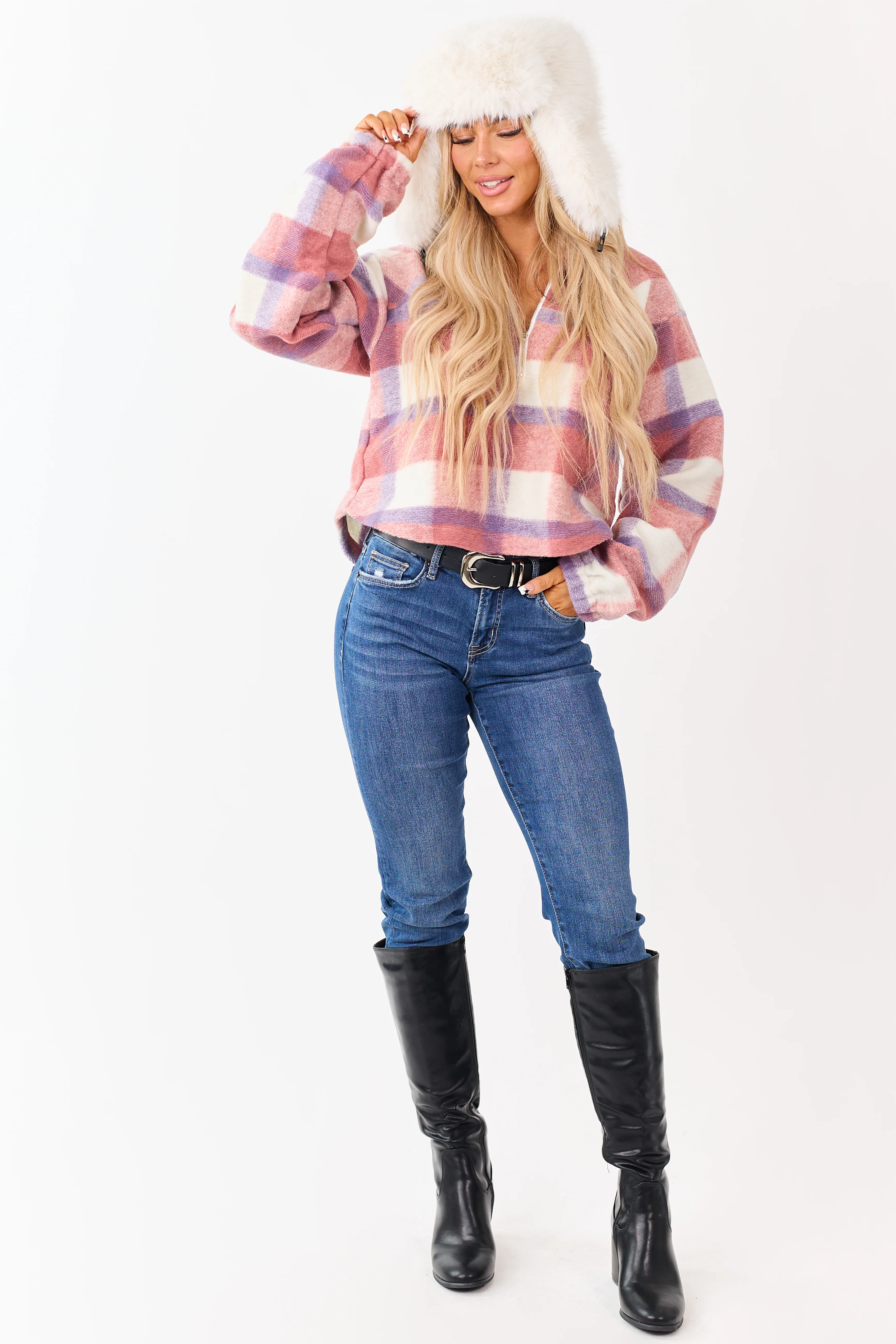 Punch Plaid Half Zip Up Collared Fleece Pullover - Image 4