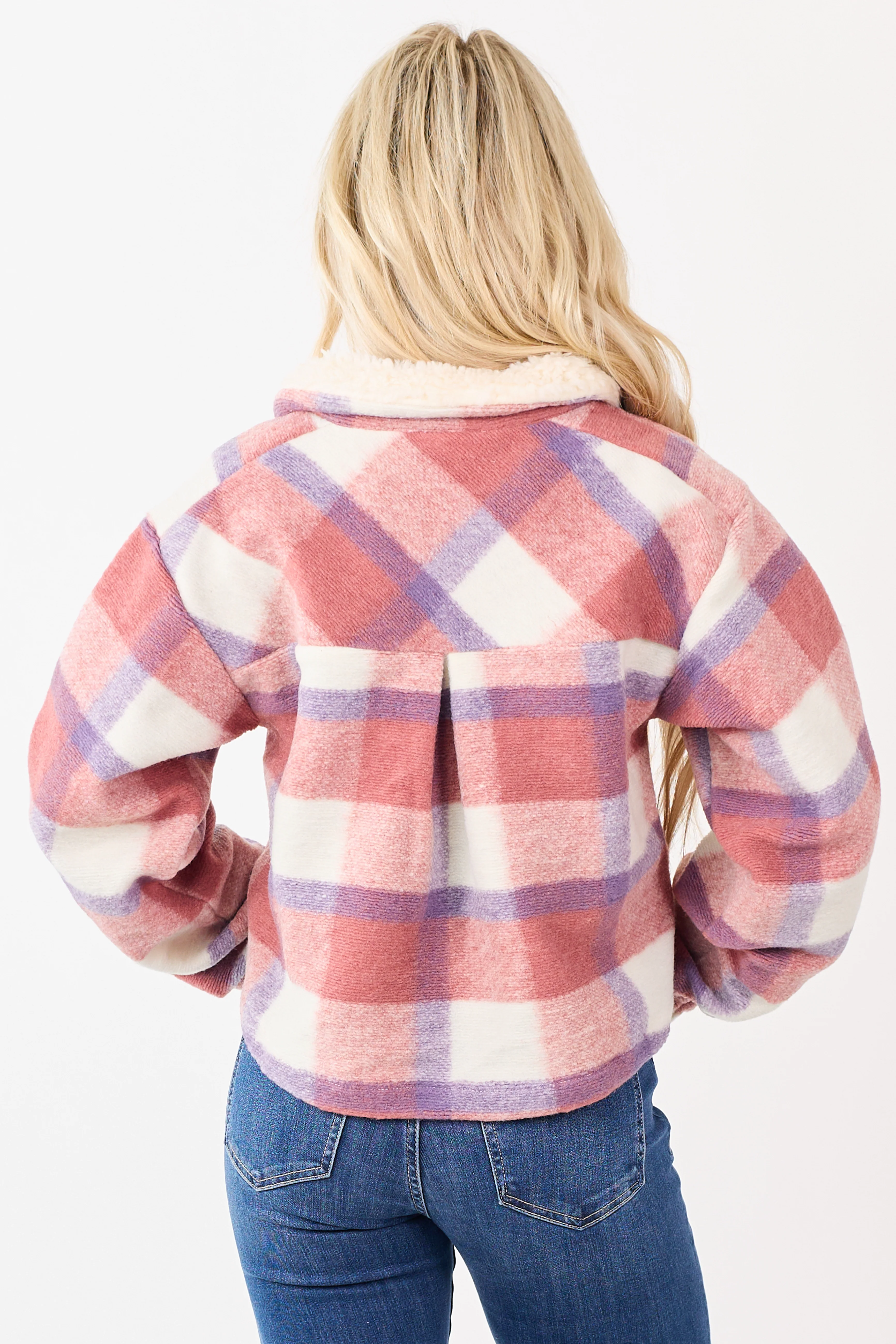 Punch Plaid Half Zip Up Collared Fleece Pullover - Image 6