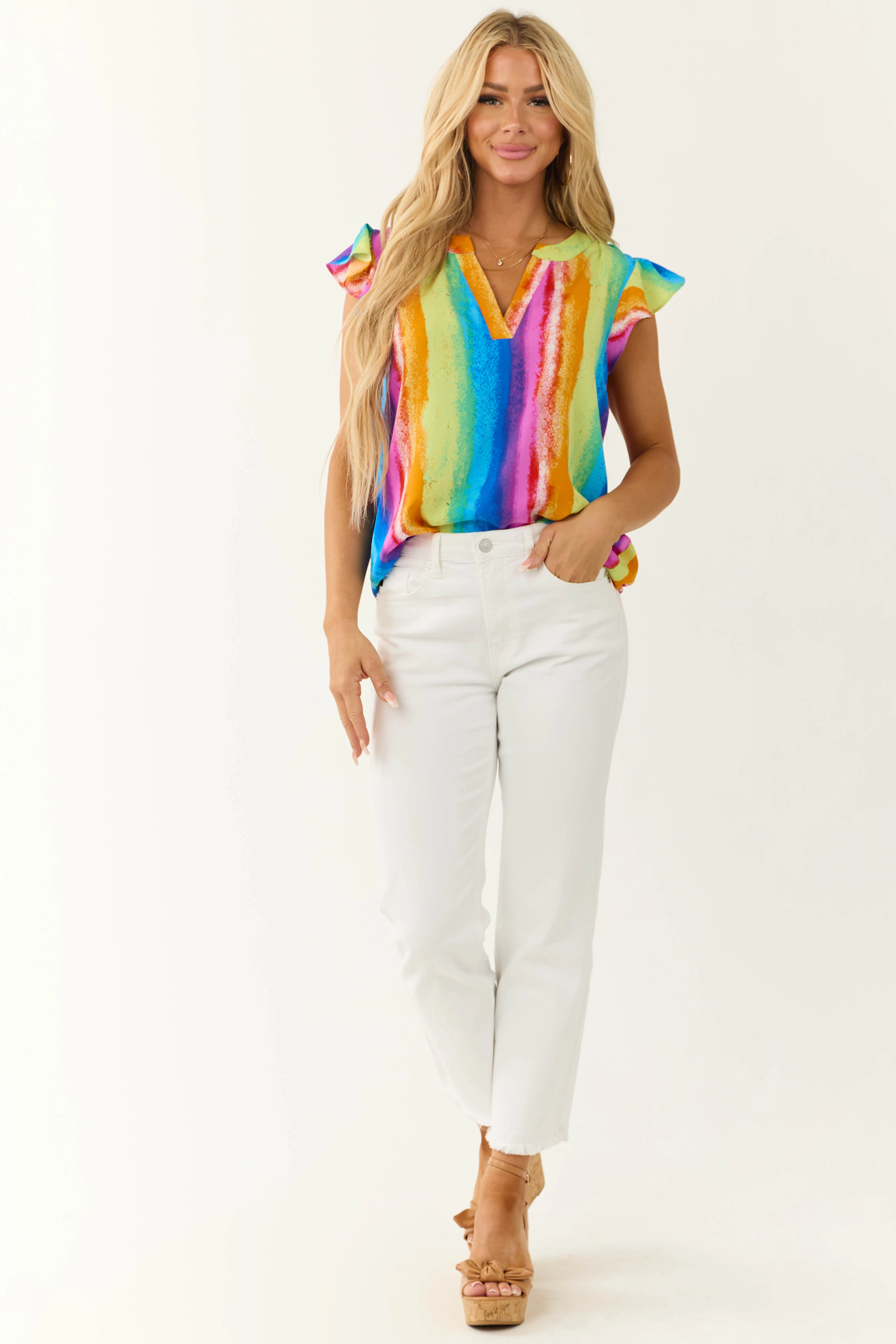 Rainbow Striped Notch Neck Ruffle Sleeve Top - Image 2