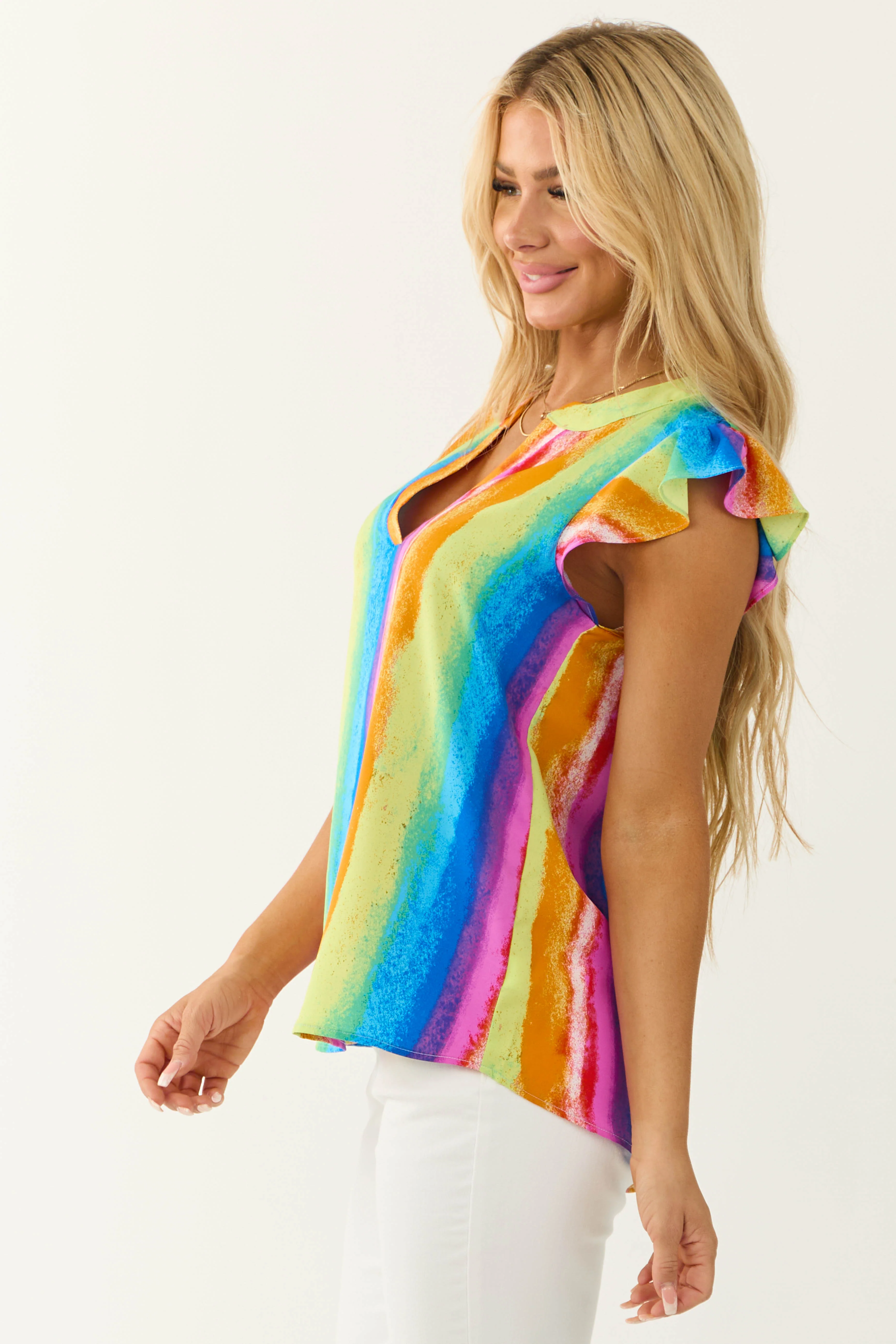 Rainbow Striped Notch Neck Ruffle Sleeve Top - Image 4